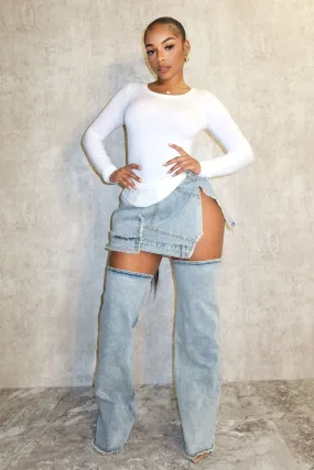 multiple pockets Ultra Breathable Amour Denim Slit Mini Skirt With Leg Warmers