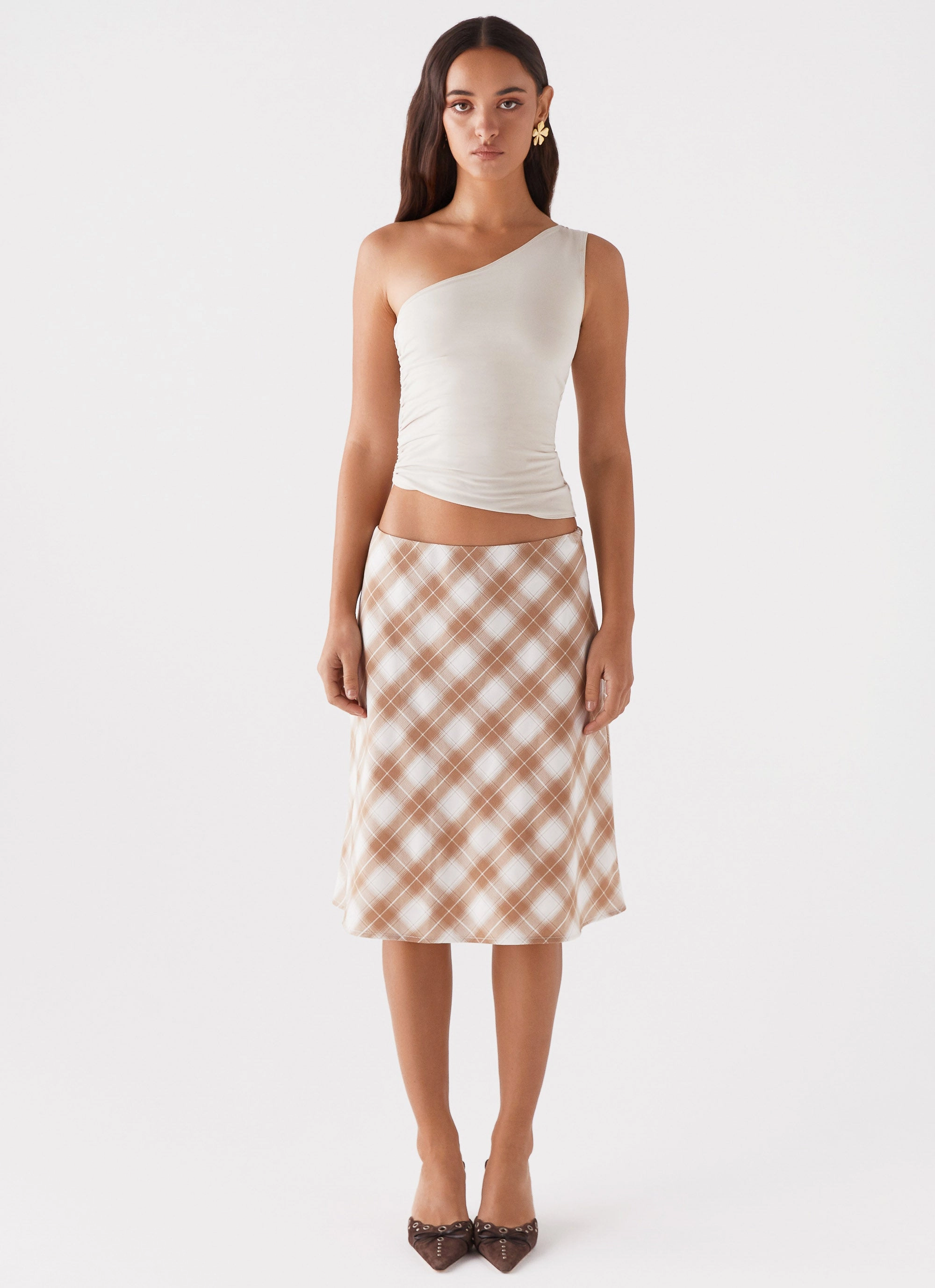 light texture Andie Midi Skirt - Brown/White Plaid