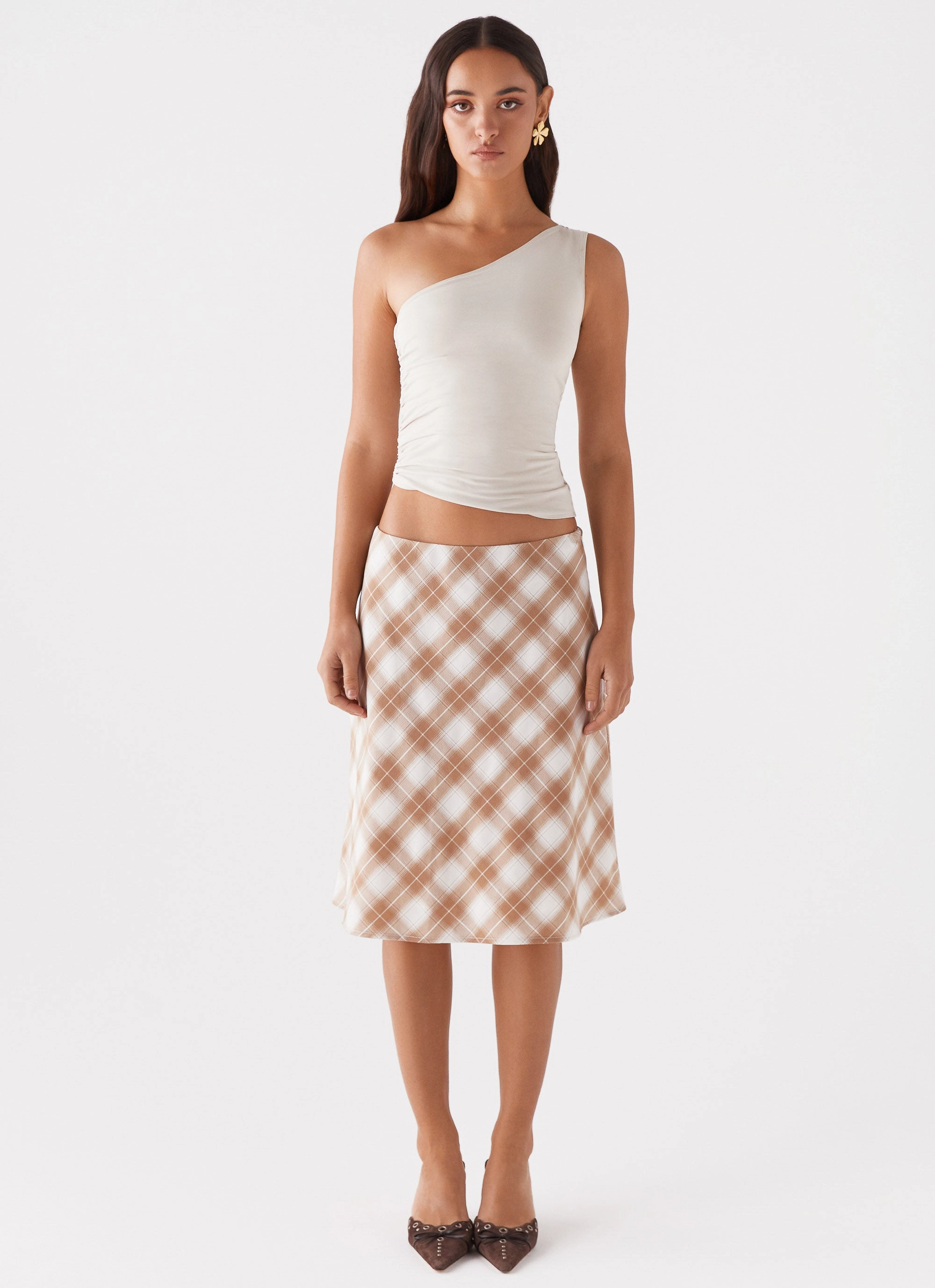 Andie Midi Skirt - Brown/White Plaid Invisible Seams Contemporary Mood