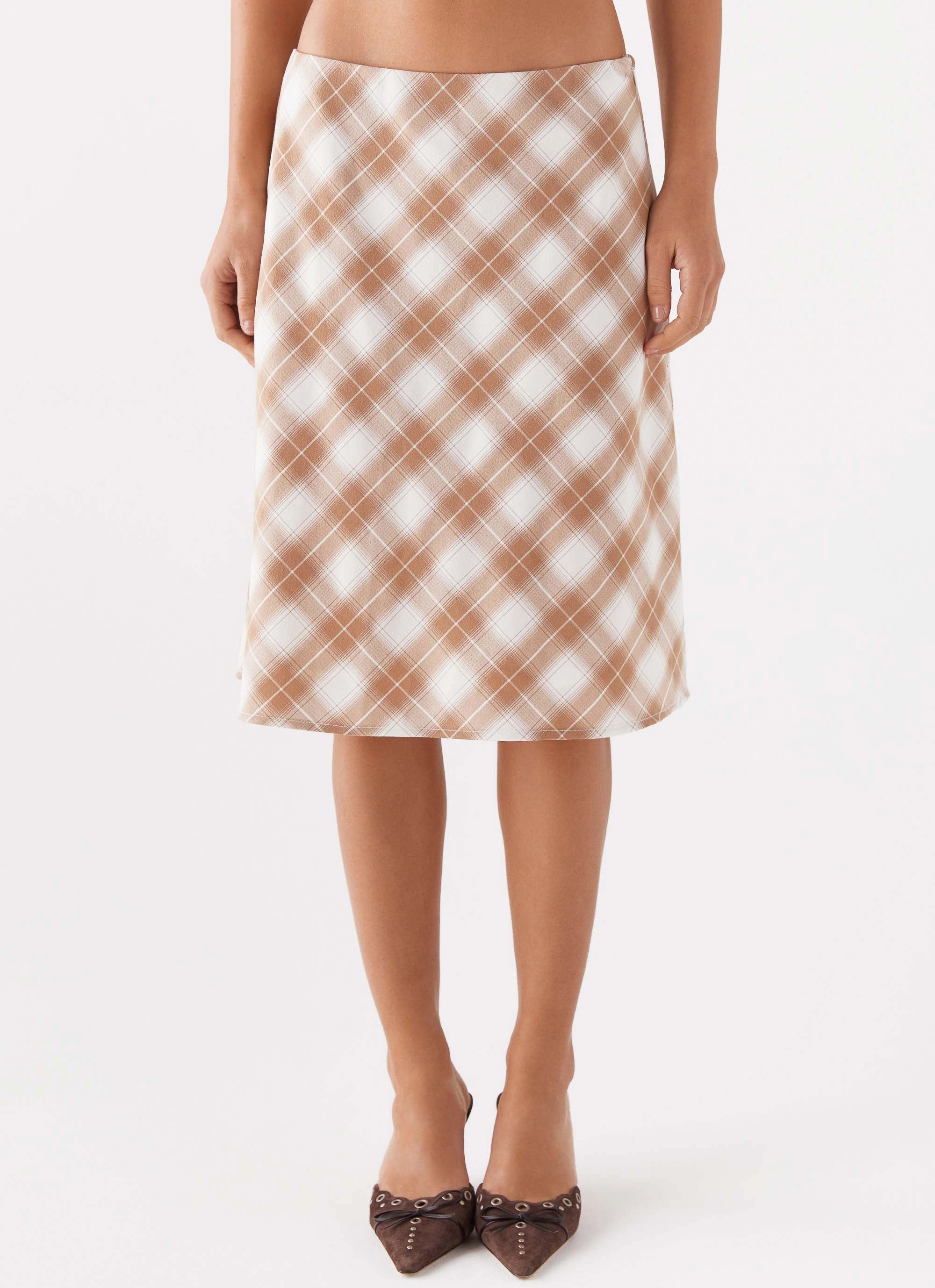 Andie Midi Skirt - Brown/White Plaid Outfit Focus