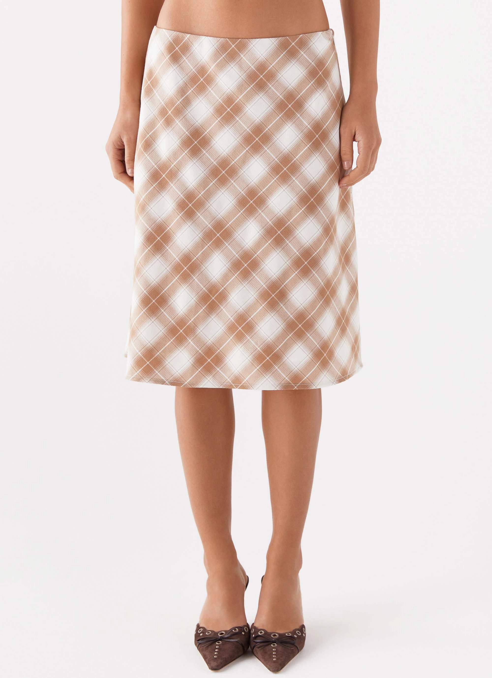 Wrap Front Contemporary Design Andie Midi Skirt - Brown/White Plaid
