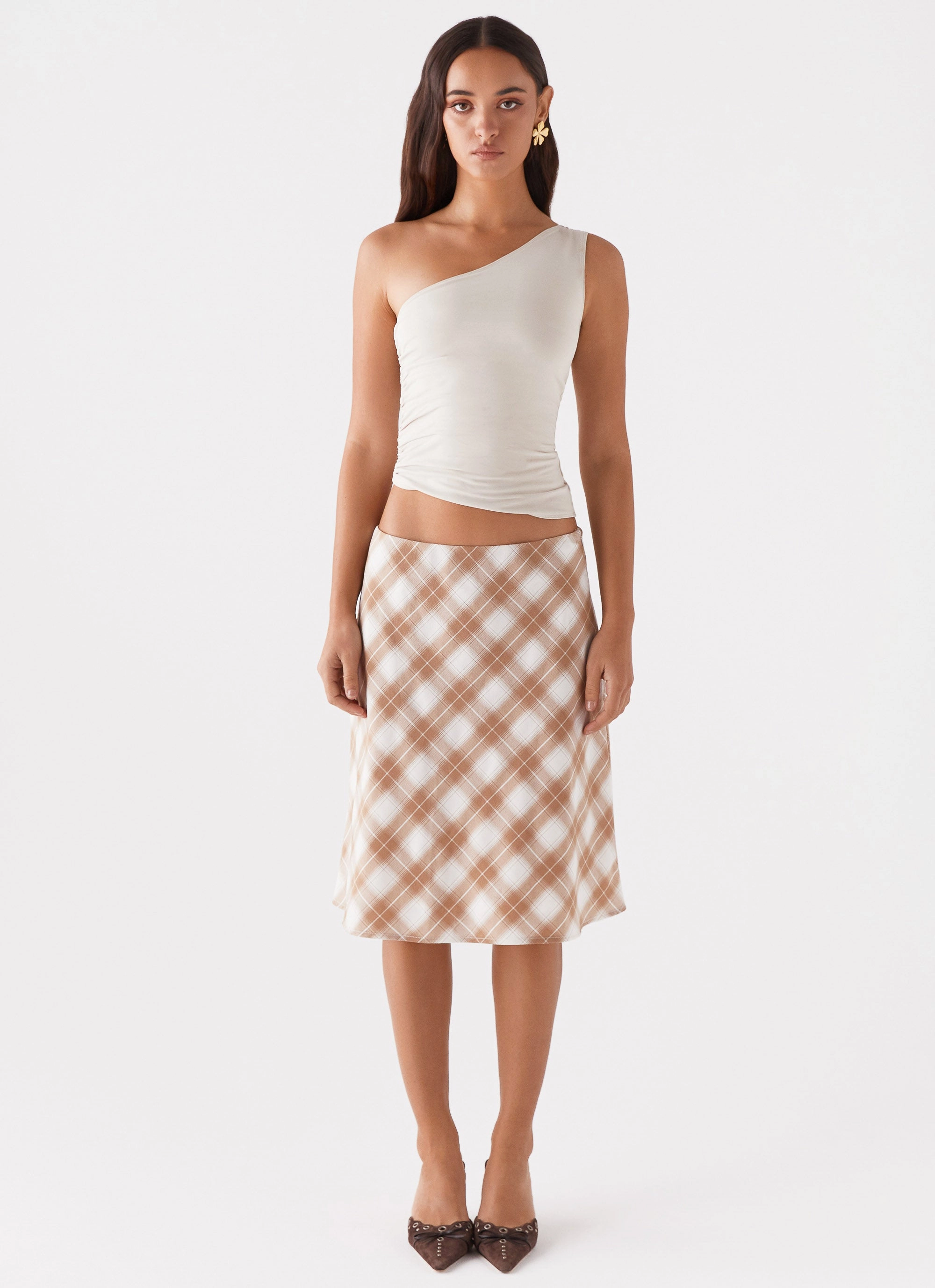 Andie Midi Skirt - Brown/White Plaid Everyday Essential Travel Ease