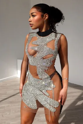 Angelica Rhinestone Mesh Contrast Mini Dress Daywear Fit Simple Profile