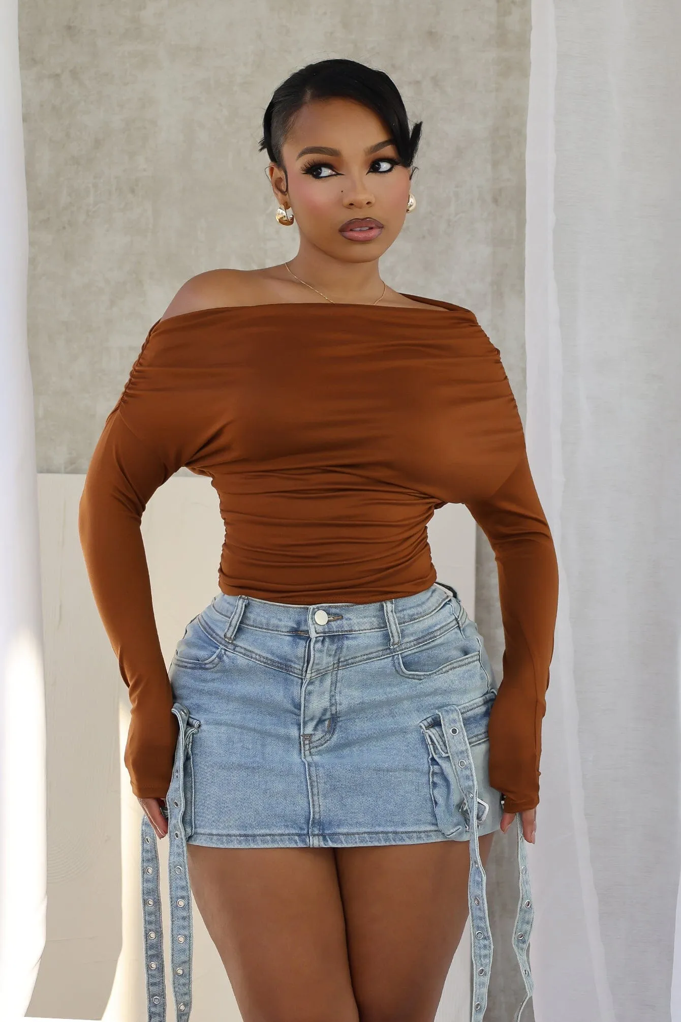 Angelina Off Shoulder Ruched Top Double Stitched Hems