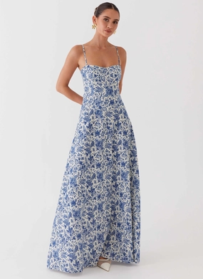 Angelina Linen Maxi Dress - Blue Paisley Relaxed Vibe Loose Fit
