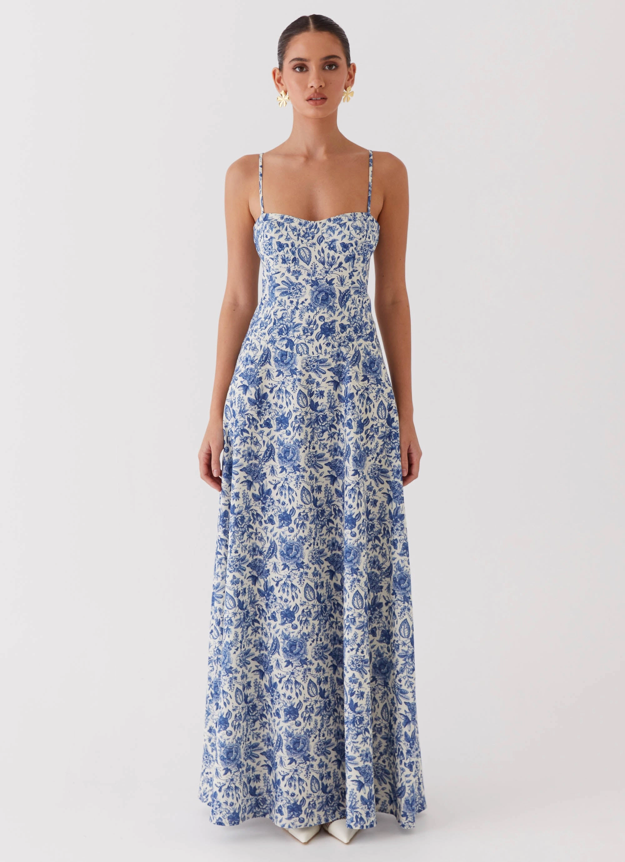 Angelina Linen Maxi Dress - Blue Paisley Bohemian style Church Proper