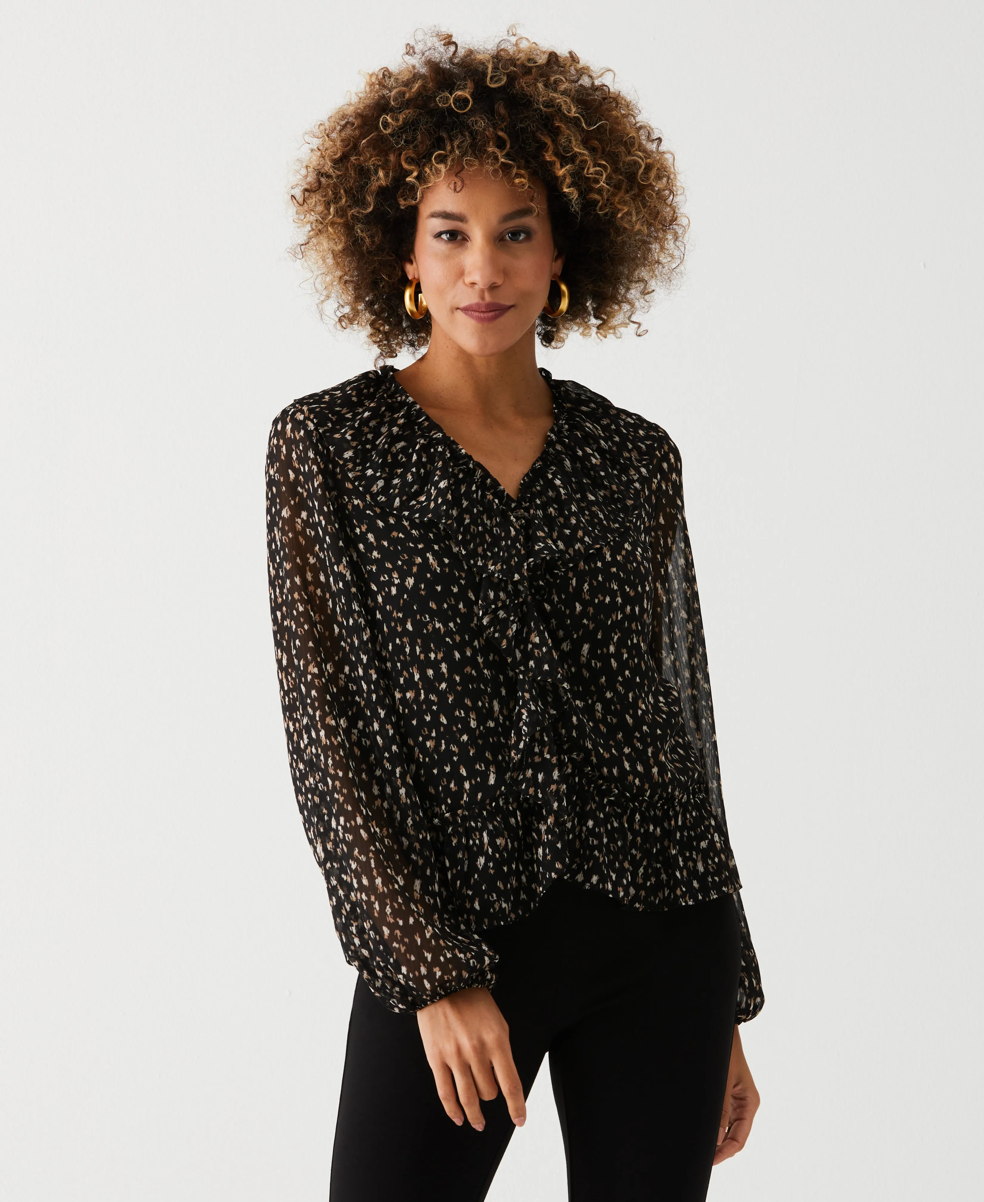 Animal Print V-Neck Ruffle Blouse Ventilated Back Panels