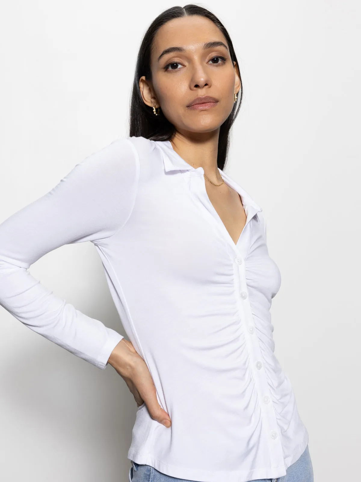 Dreamgirl Button Up Top White Layered Placket Design