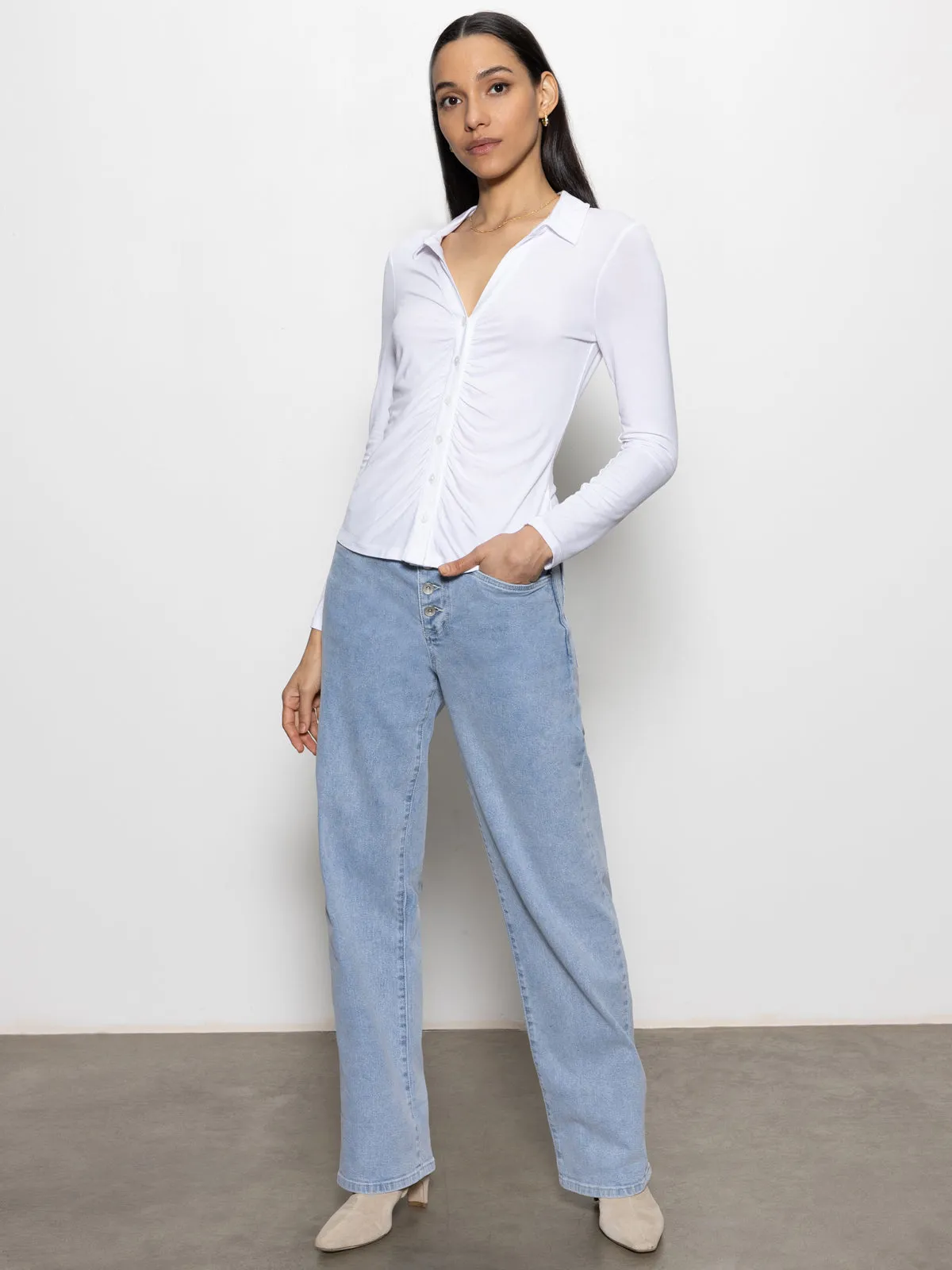 WideNeckOpening Dreamgirl Button Up Top White