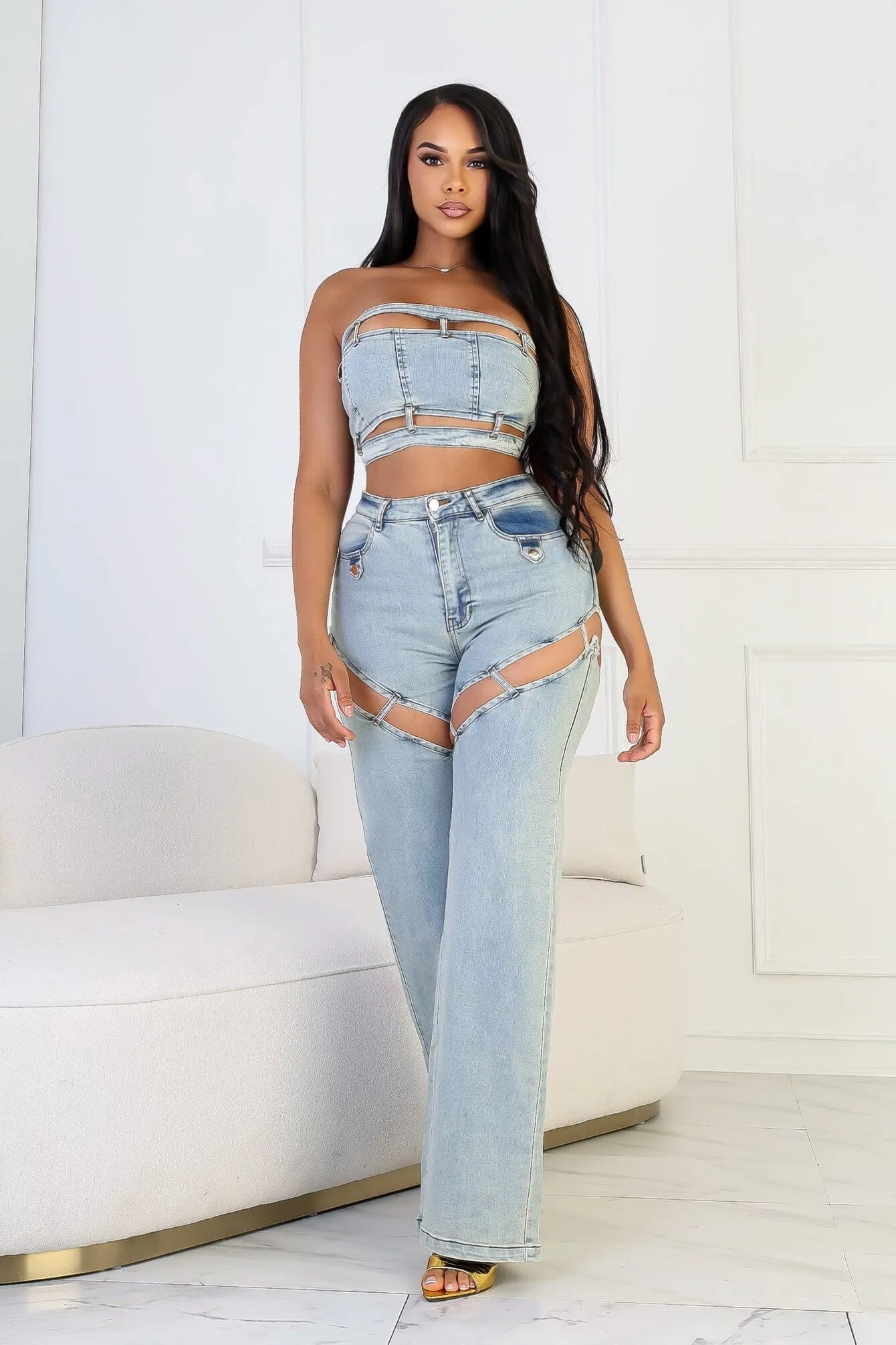 Loose Blouse Jett Denim Tube Top & Cutout Pants SET