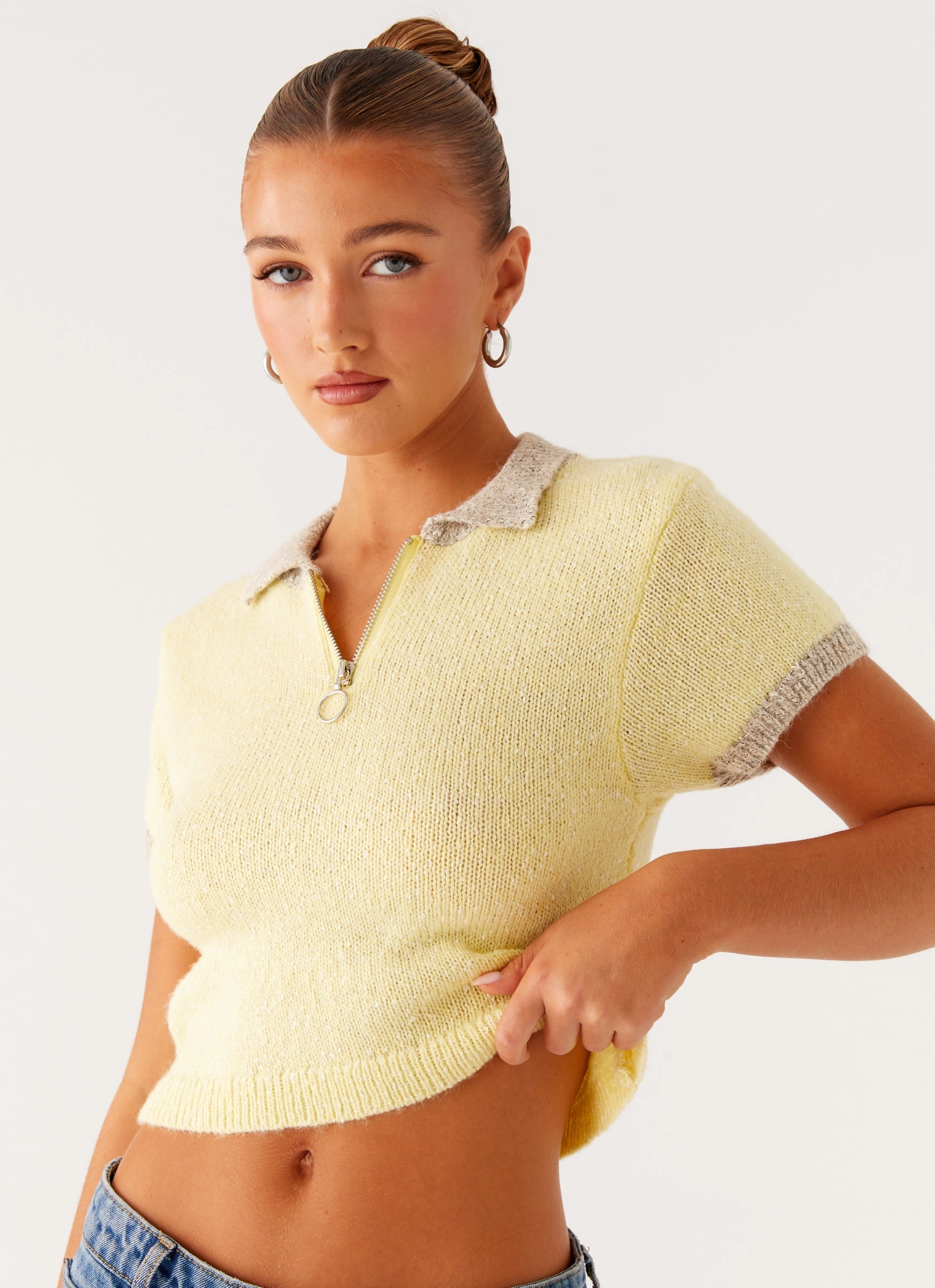 Walsh Knit Polo Top - Yellow Self Fabric Tie Closure Fitted Blouse