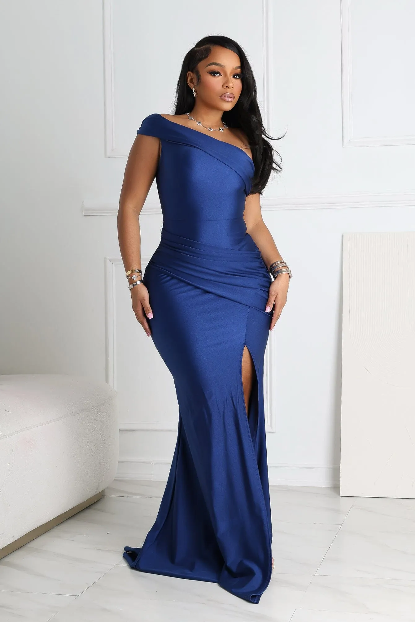 Apollo Nylon Off Shoulder Slit Maxi Dress Flattering Look Wear Delicate Edge