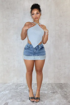 Set The Mood Rhinestone Denim Mini Skirt snap closure Contoured Articulation