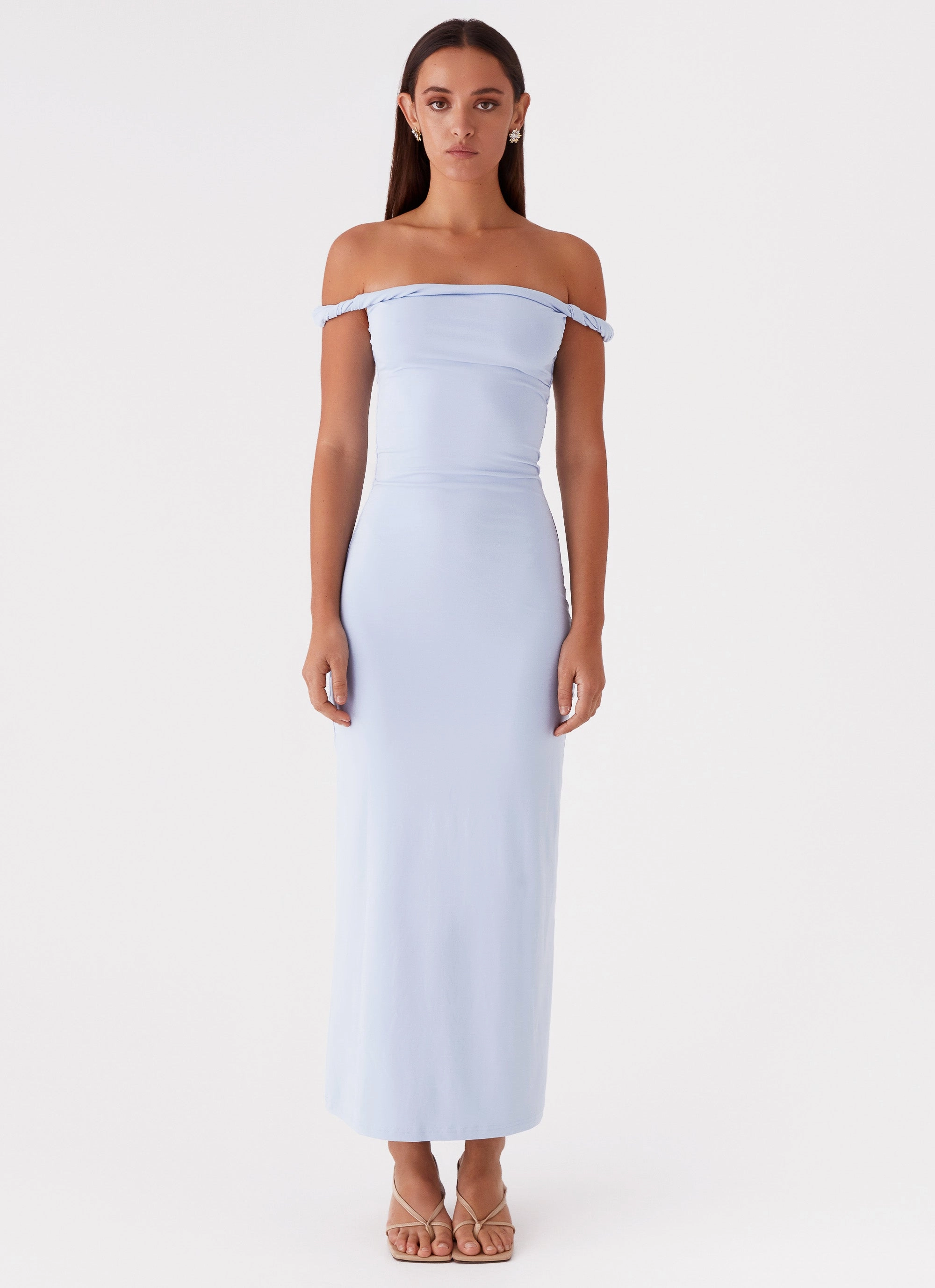 Flattering Silhouette Arabella Twist Shoulder Maxi Dress - Blue