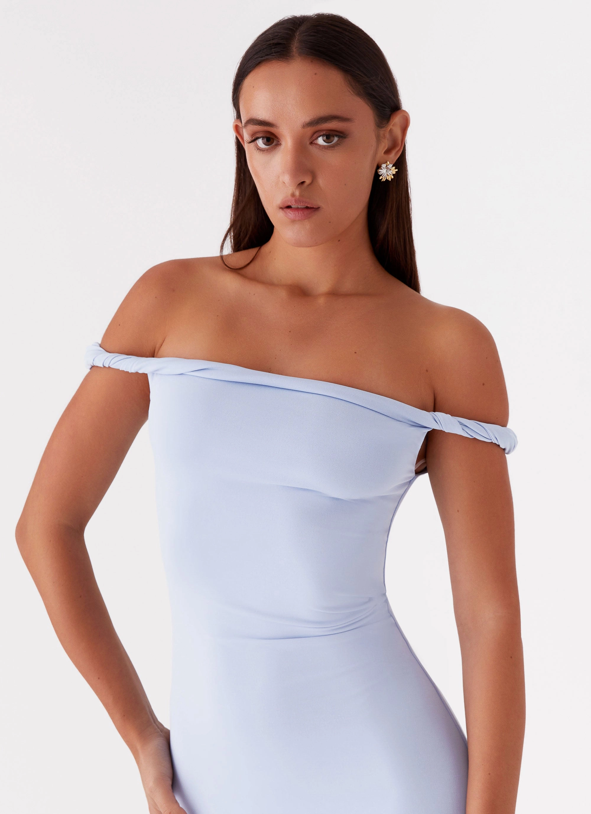 Arabella Twist Shoulder Maxi Dress - Blue Halter neck