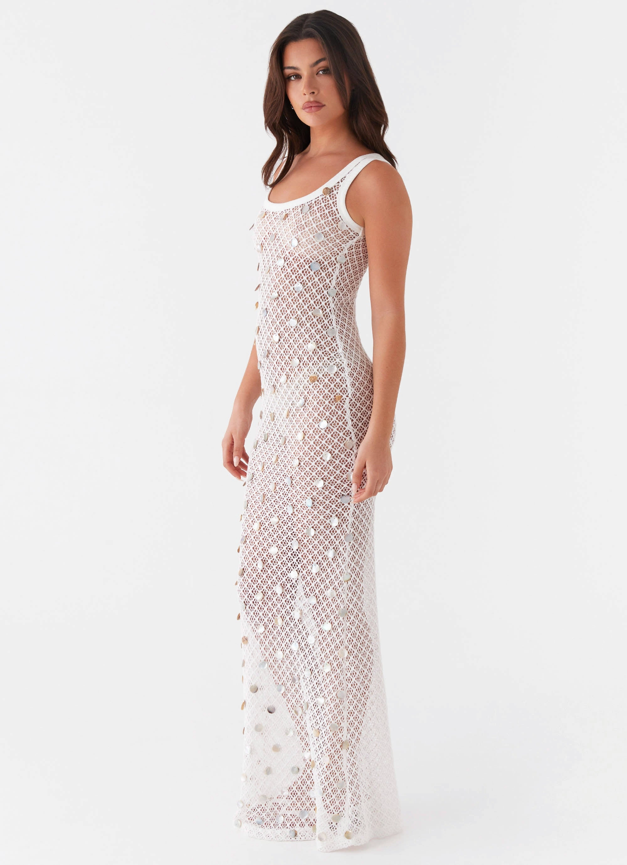 Penida Shell Knit Maxi Dress - White Everyday Comfort Wear Golden Scene