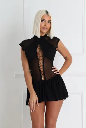 Asajj Cap Sleeve Lace Up Flare Mini Dress Crisp Texture Fitted Base