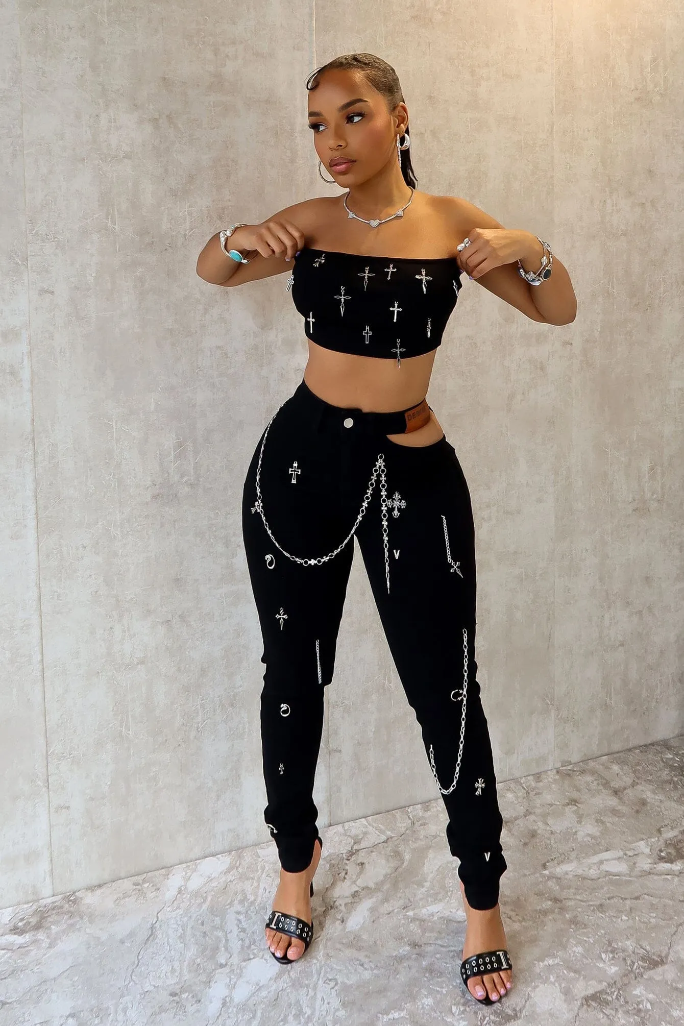 Side slits Ashton Metal Trim Cut Out Skinny Pants