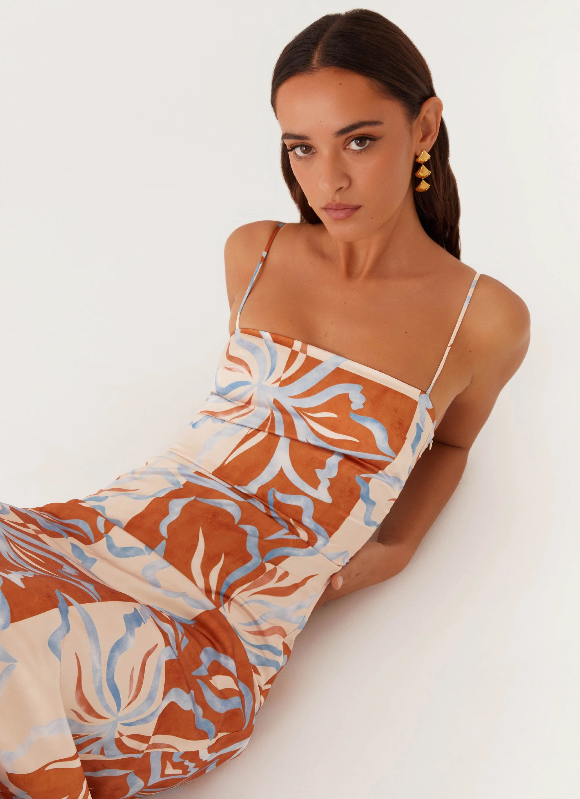 Versatile party outfit Bright Petal Aster Bloom Maxi Dress - Orange Blue Floral