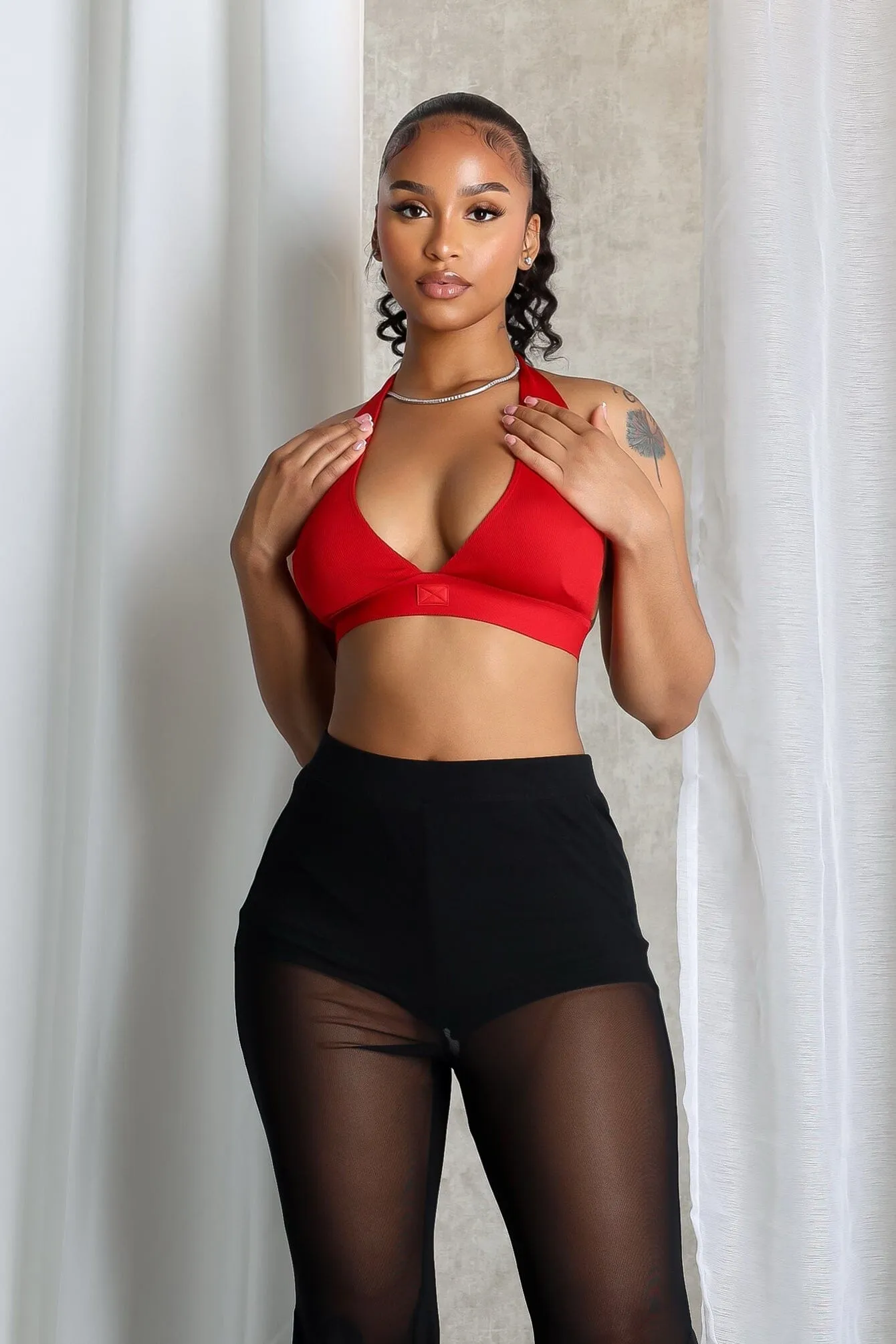 Durable Hem Stitching LowImpact Manufacturing Astra Ribbed Deep V Neck Halter Top