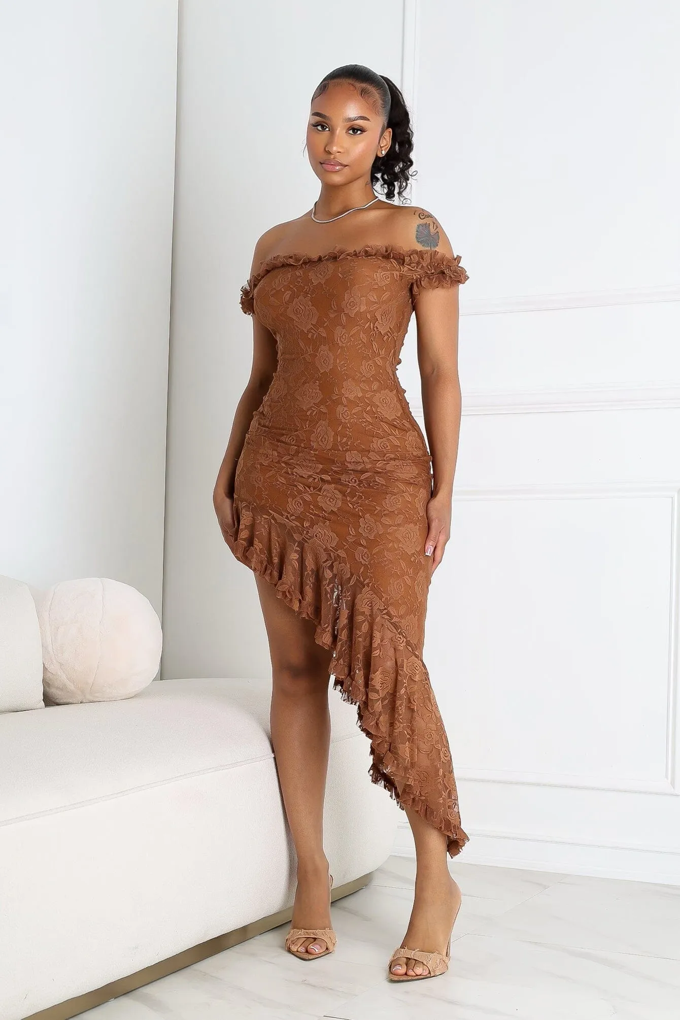 Light Touch SeamlessConstruction Asym Ruffle Muse Off Shoulder Midi Dress