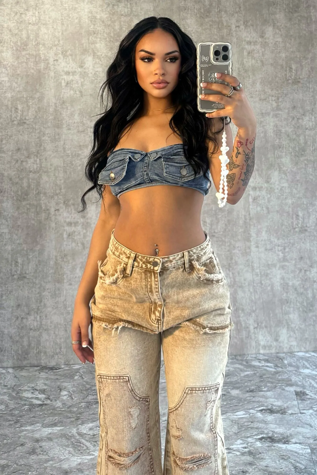 Hang With Me Denim Pocket Tube Top Ribbed Collar Style sporty wear