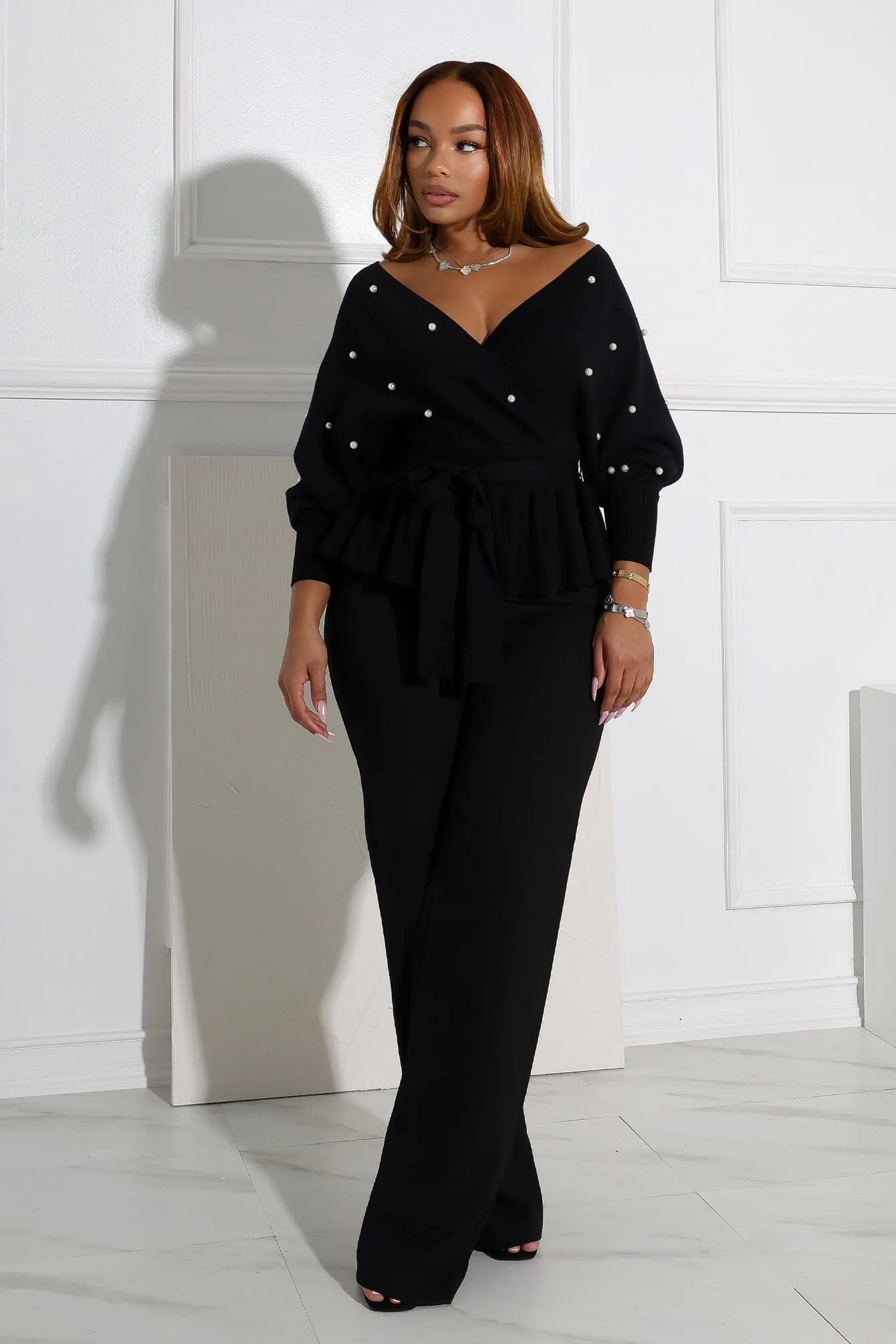 Aubrey Pearl Knit Wrap Sweater Layered Hem Detailing