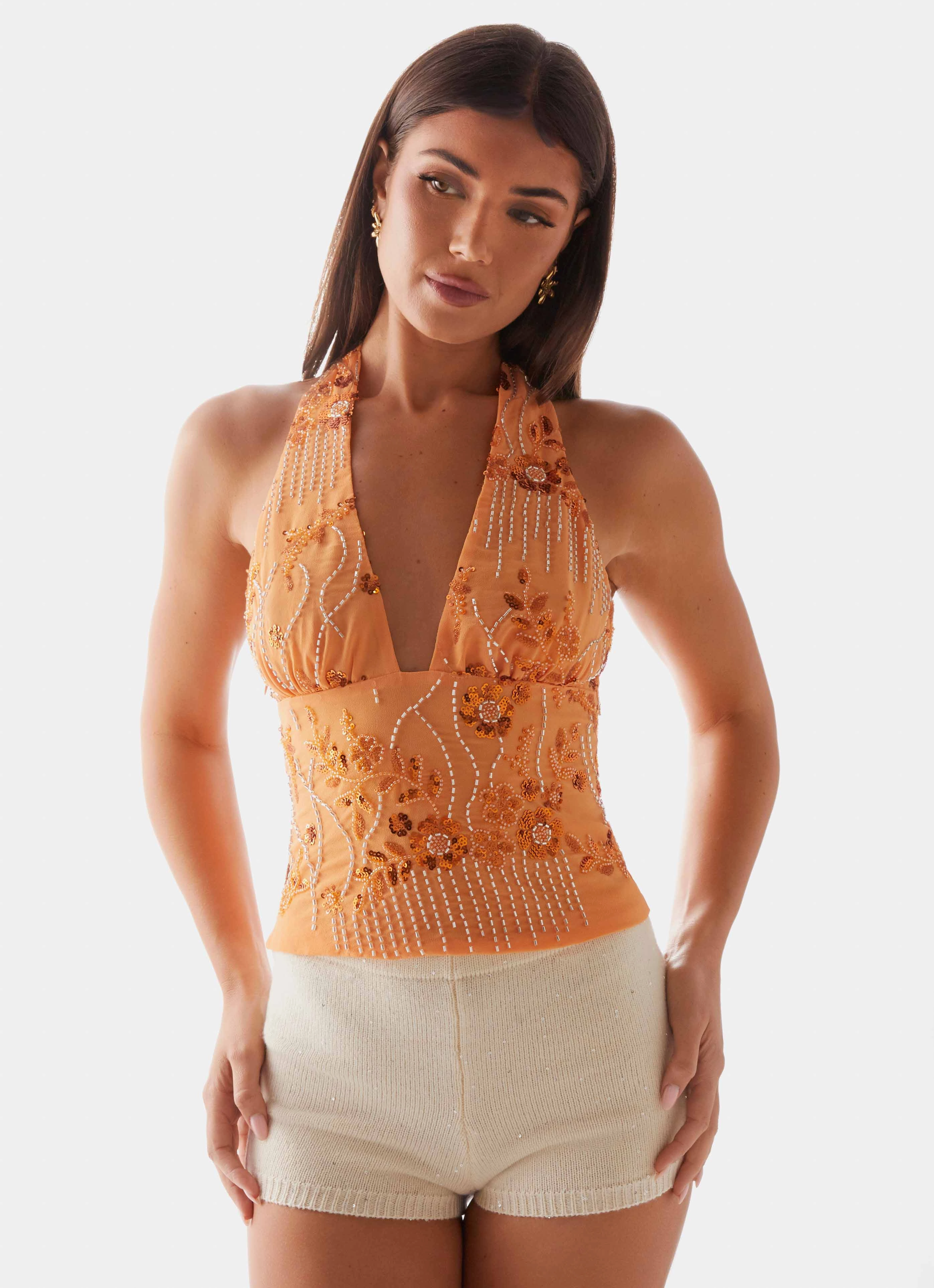 QuickRelease Atlanta Sequin Halter Top - Orange