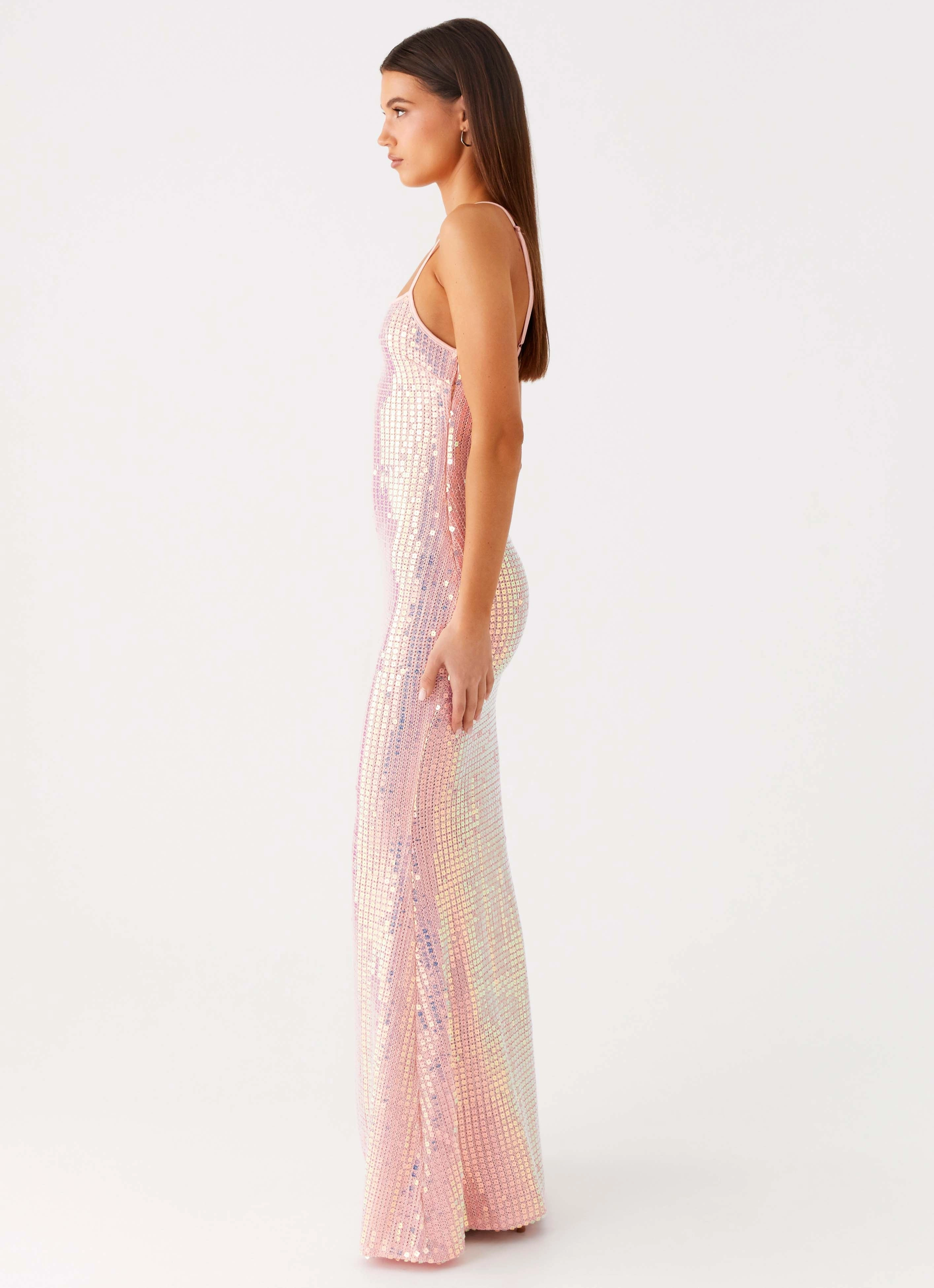 Climate-Adaptive Gloss Accent Attitude Knit Sequin Maxi Dress - Iridescent Pink