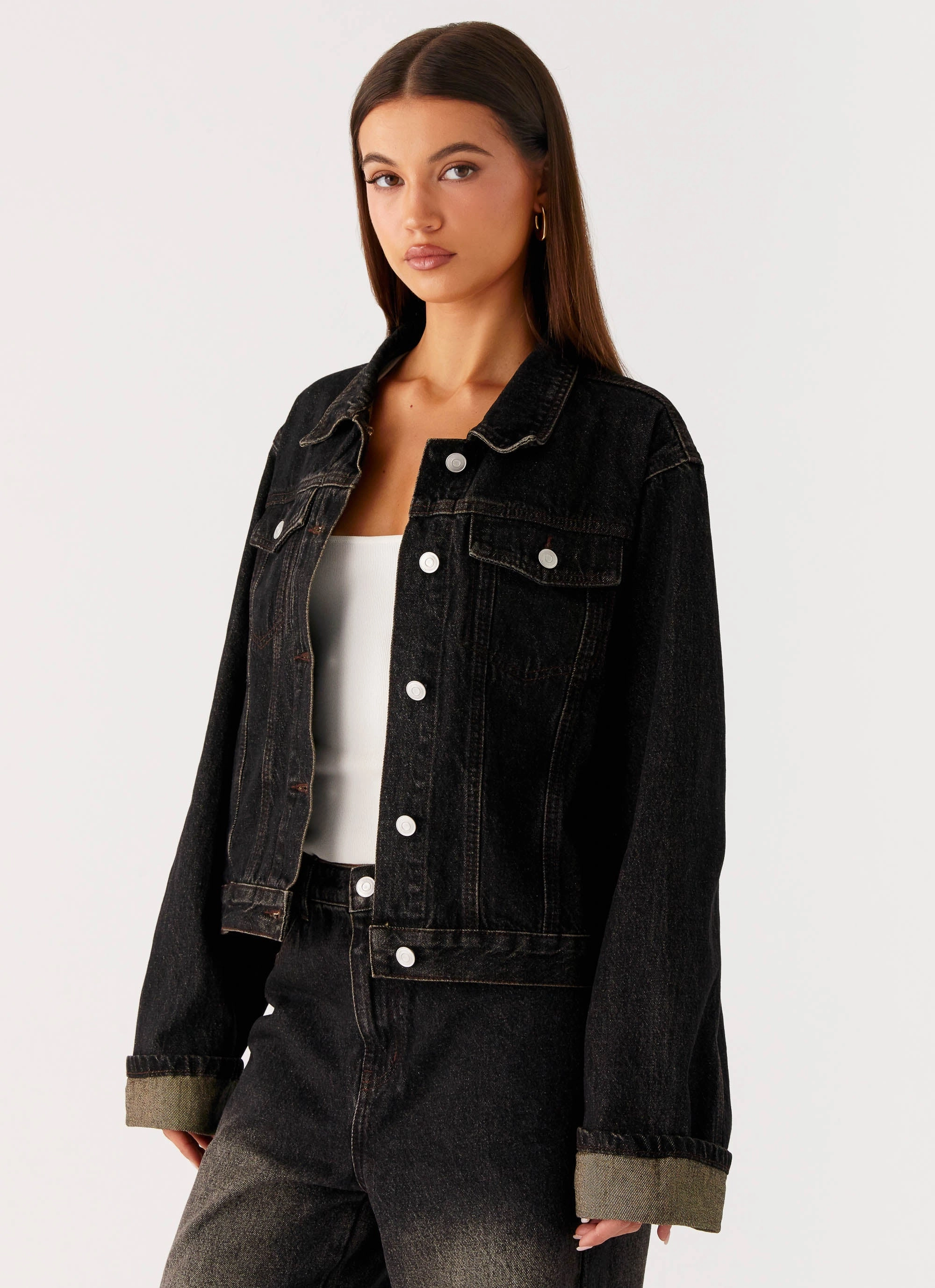 White Back Again Oversized Denim Jacket - Acid Charcoal