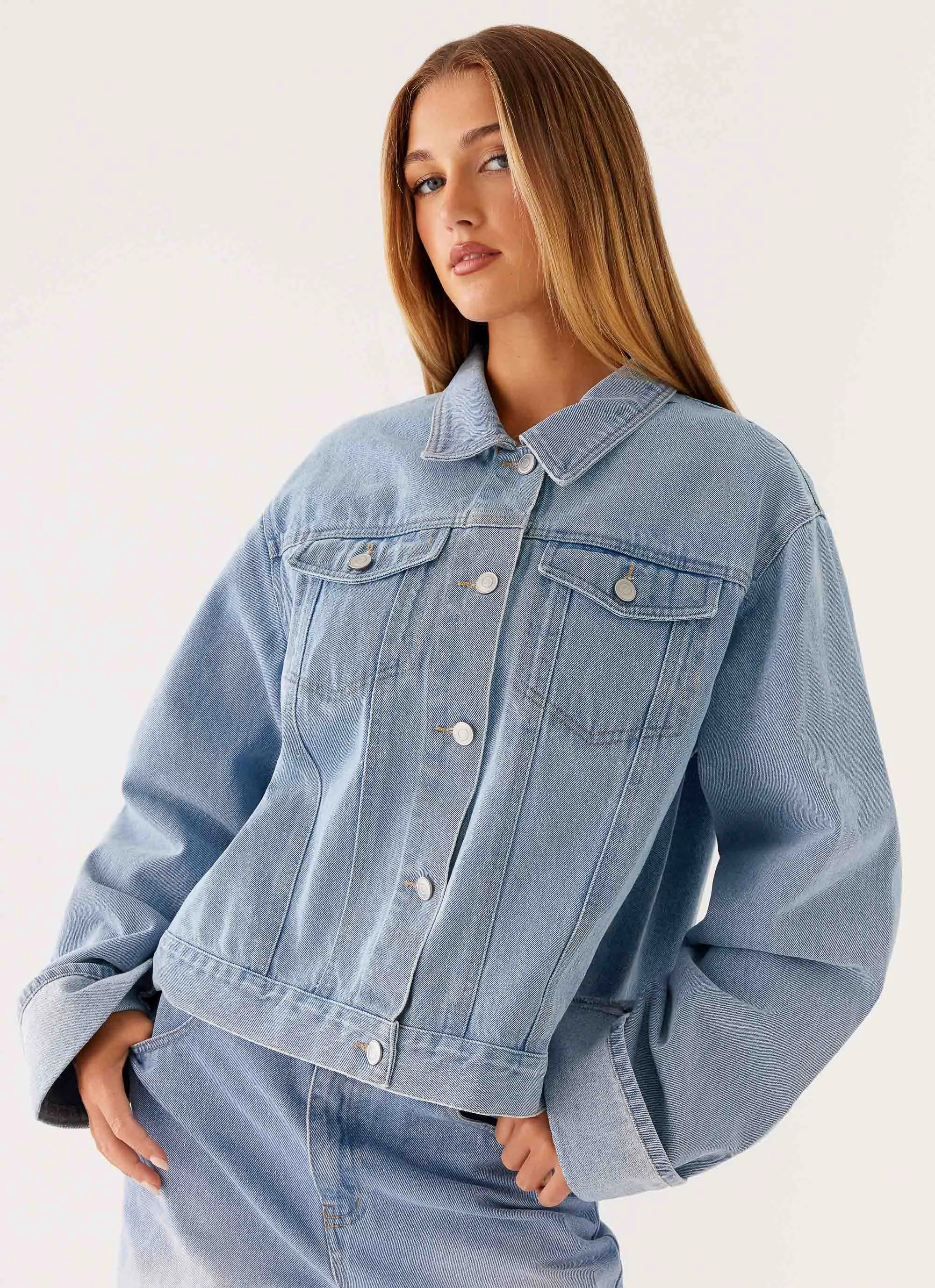 Protective Style Preppy Back Again Oversized Denim Jacket - Light Wash Blue