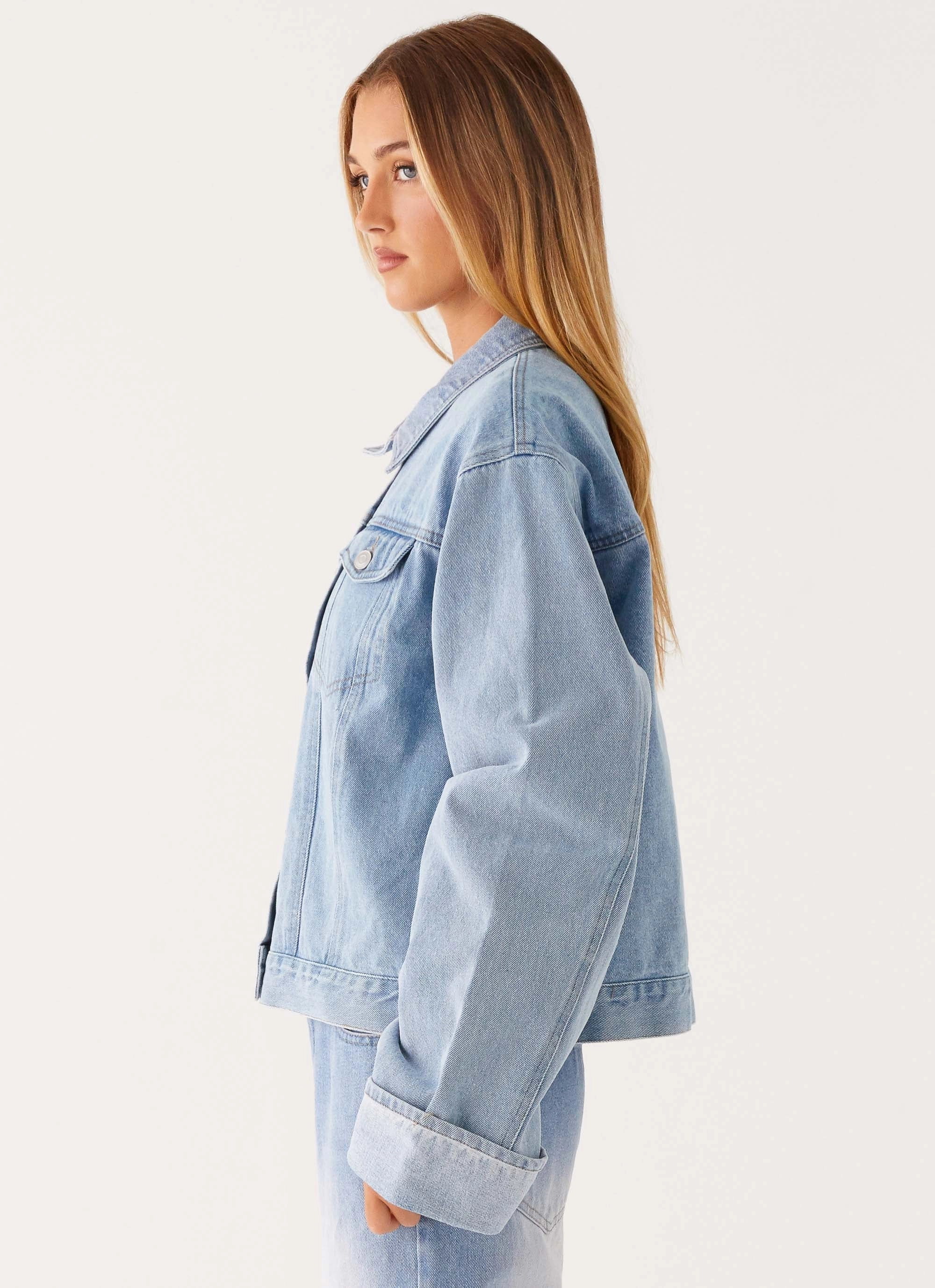 Back Again Oversized Denim Jacket - Light Wash Blue casual outing