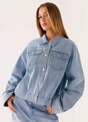 Protective Style Preppy Back Again Oversized Denim Jacket - Light Wash Blue