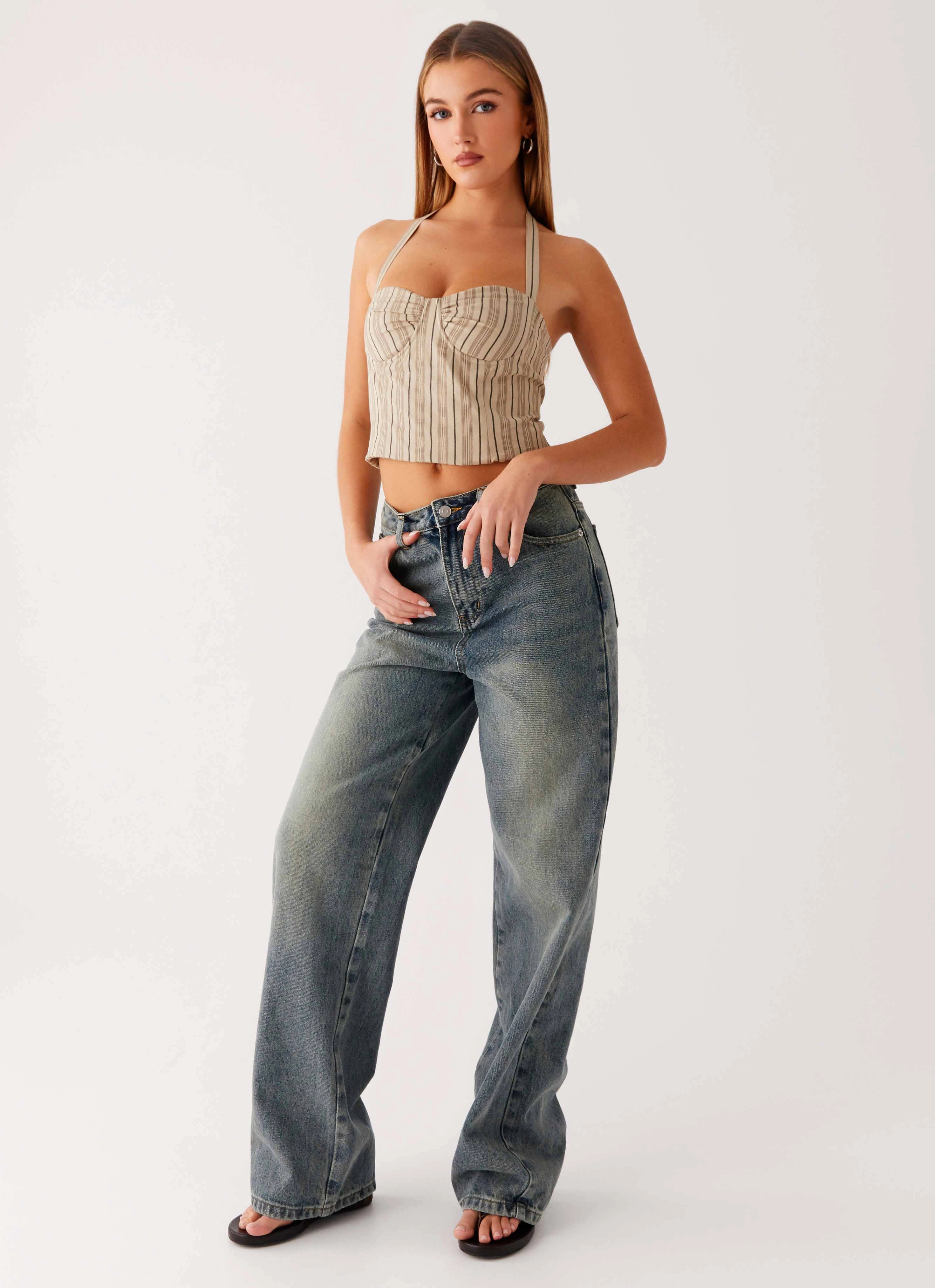 Back Again Straight Leg Denim Jeans - Dirty Wash Subtle Look Easy Layering