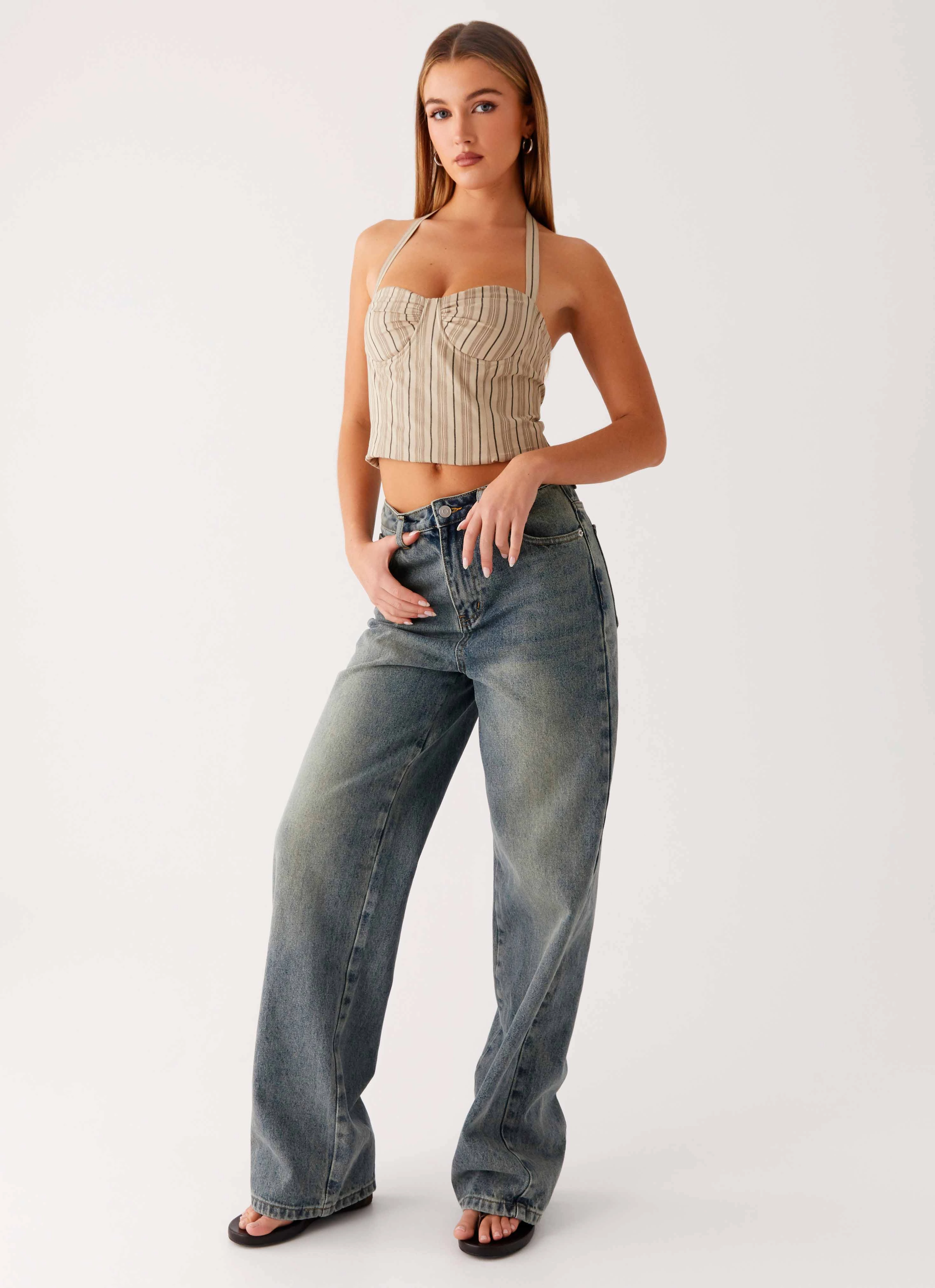 Back Again Straight Leg Denim Jeans - Dirty Wash Flattering Waist