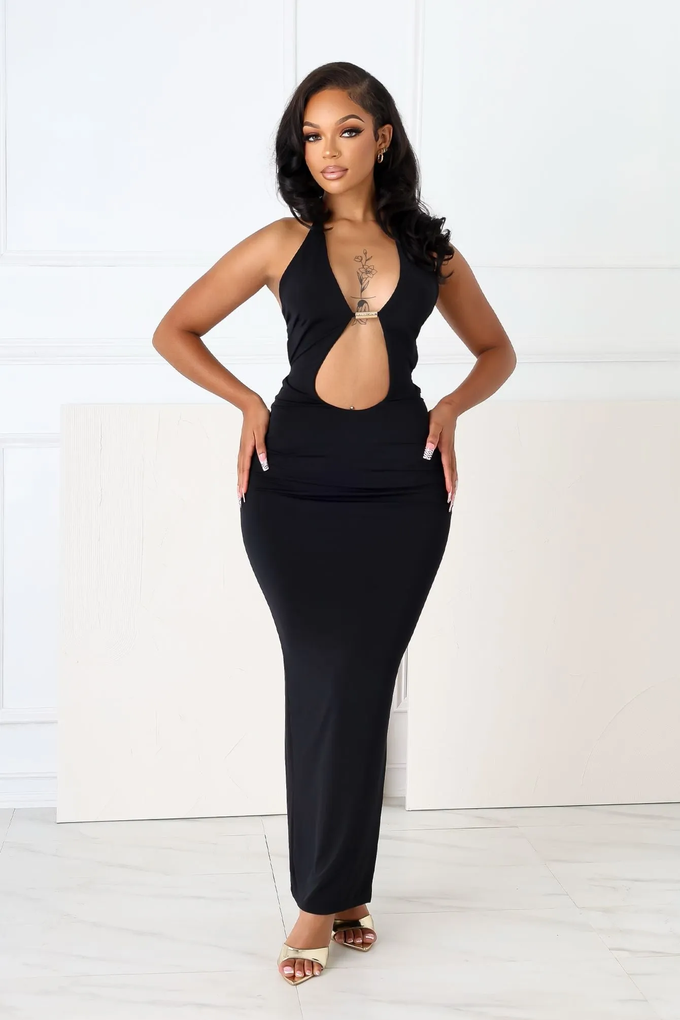 Backburn Cut Out Halter Midi Dress Drawstring-Closure Flowy-Shape