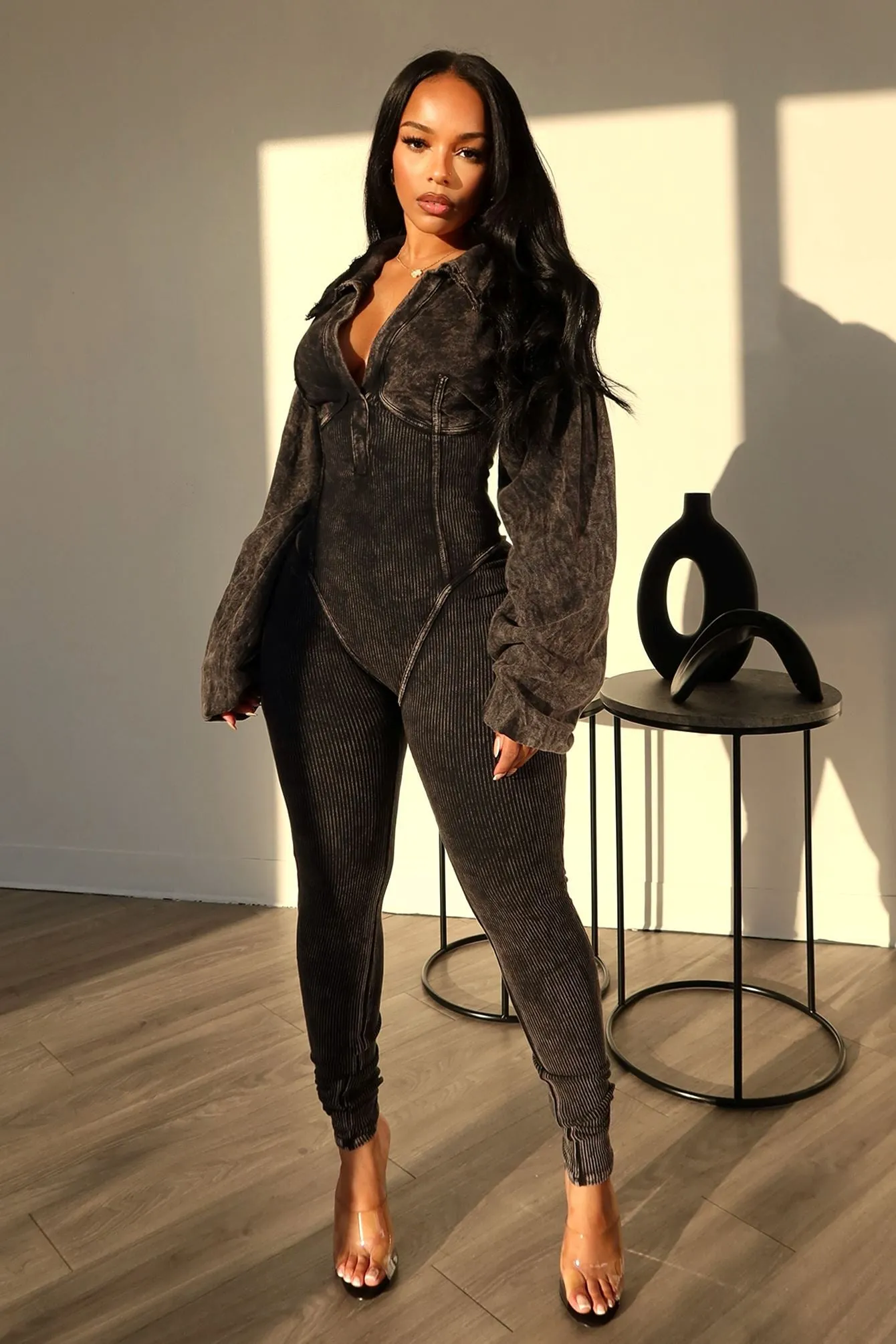 Baddie Mineral Washed Corset Jumpsuit Plus-size option Odor control