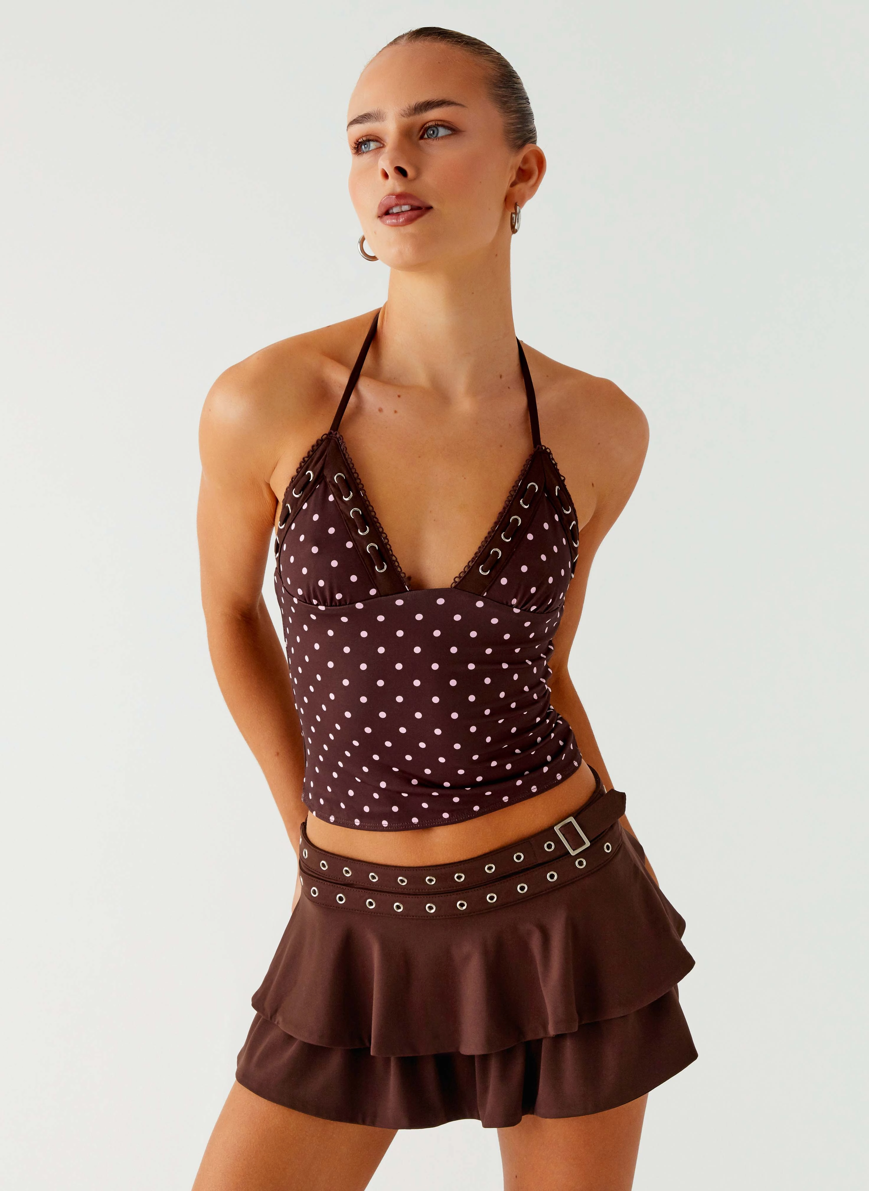 Bahama Eyelet Lace Up Top - Chocolate Strawberry Dot BrushedInnerLining