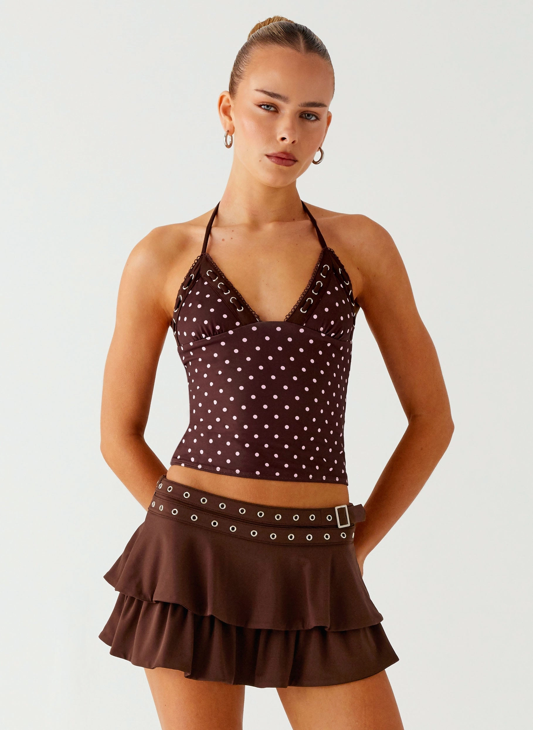 Layered Collar System Quick Dry Technology Bahama Eyelet Lace Up Top - Chocolate Strawberry Dot