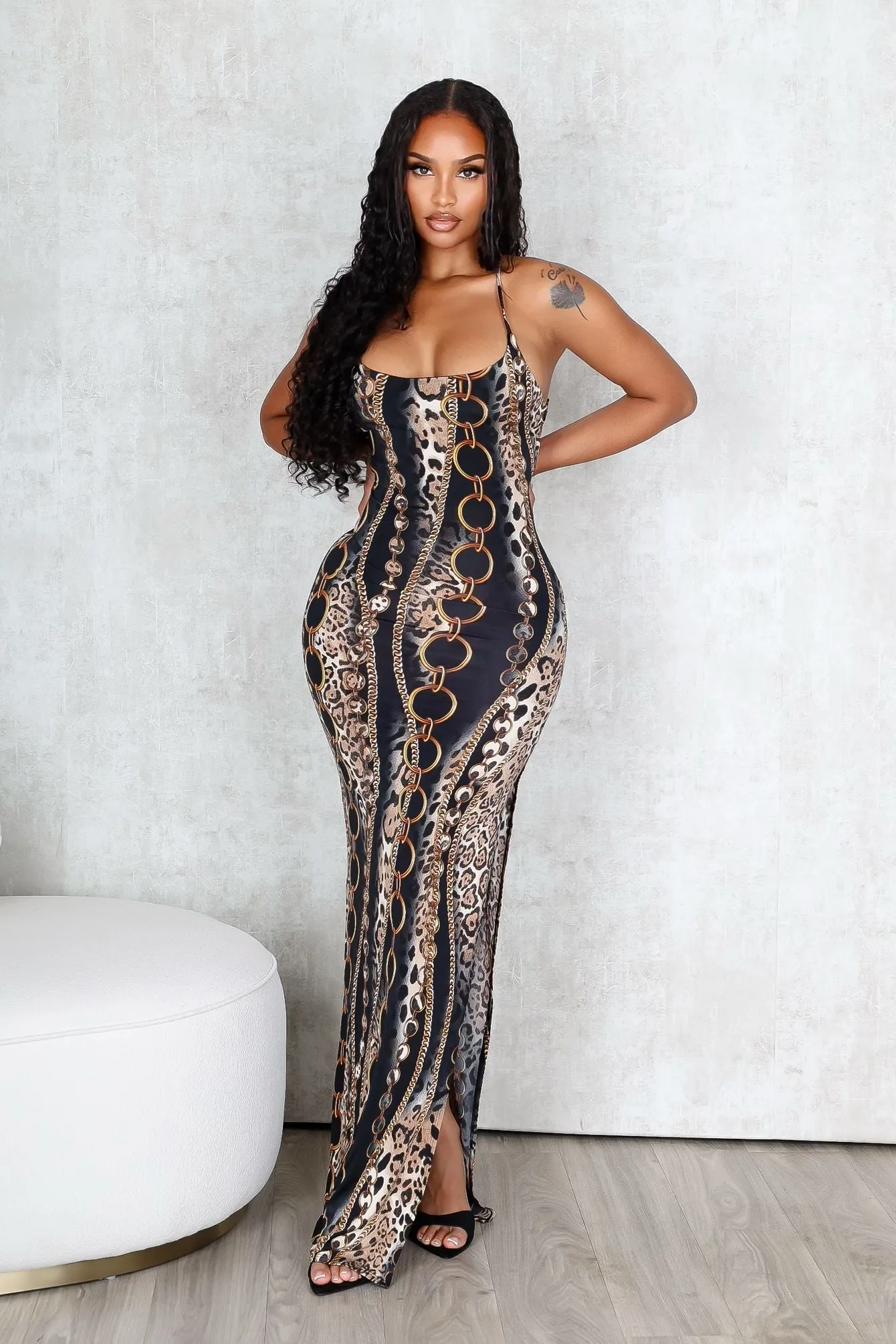 Baroque Blaze Printed Backless Maxi Dress Kind Glow