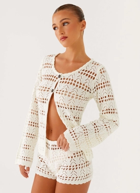Baylock Crochet Long Sleeve Top - White Hydrophobic Threadwork