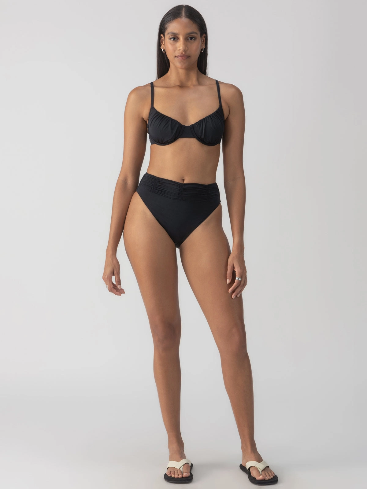 BondedSeamTechnology Adjustable Cuffs Beach Goddess Excess Shirr Cup Bikini Top Black