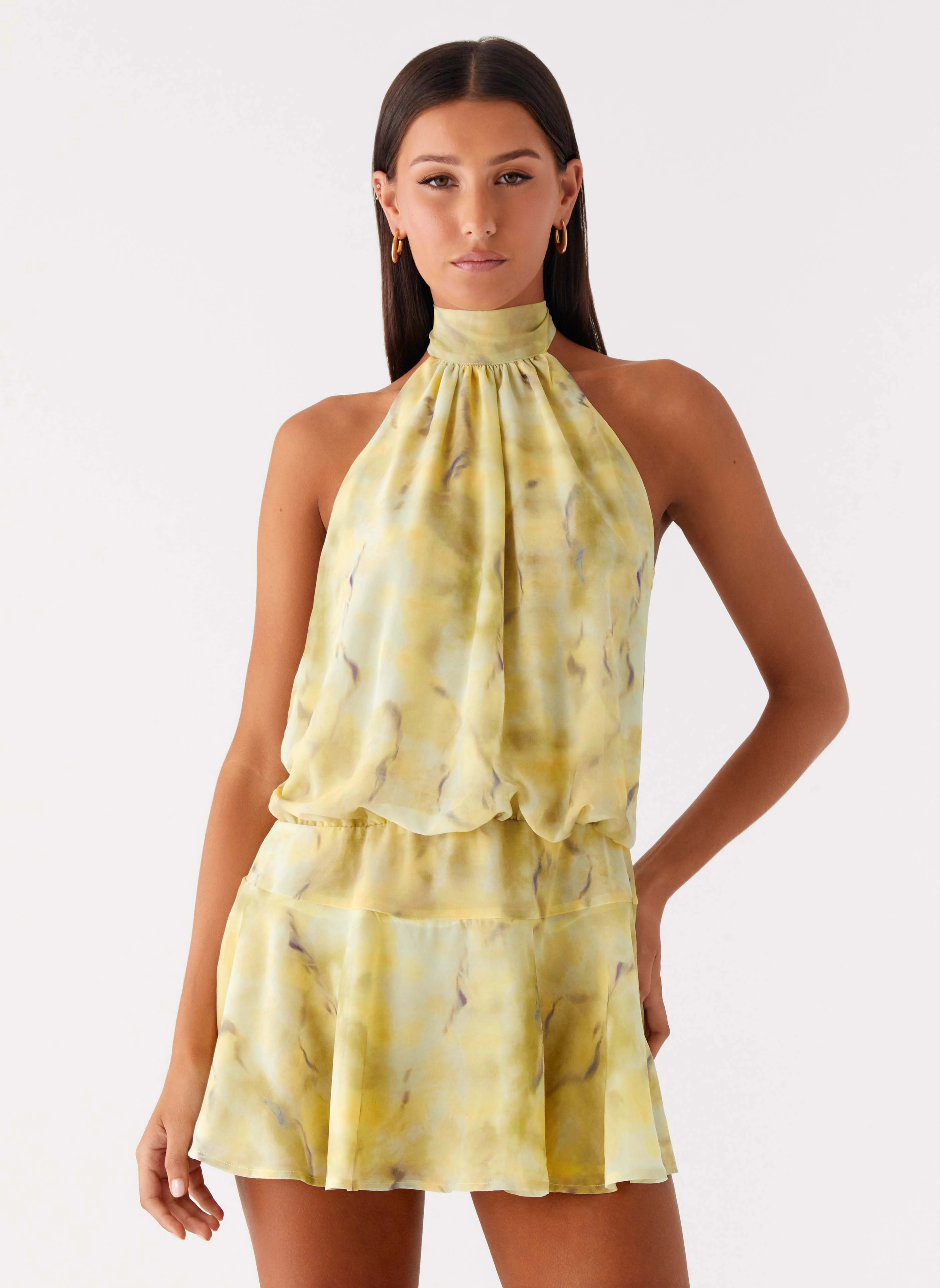 First Date Halter Mini Dress - Yellow Tie Dye ReversibleStyle
