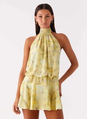 First Date Halter Mini Dress - Yellow Tie Dye ReversibleStyle