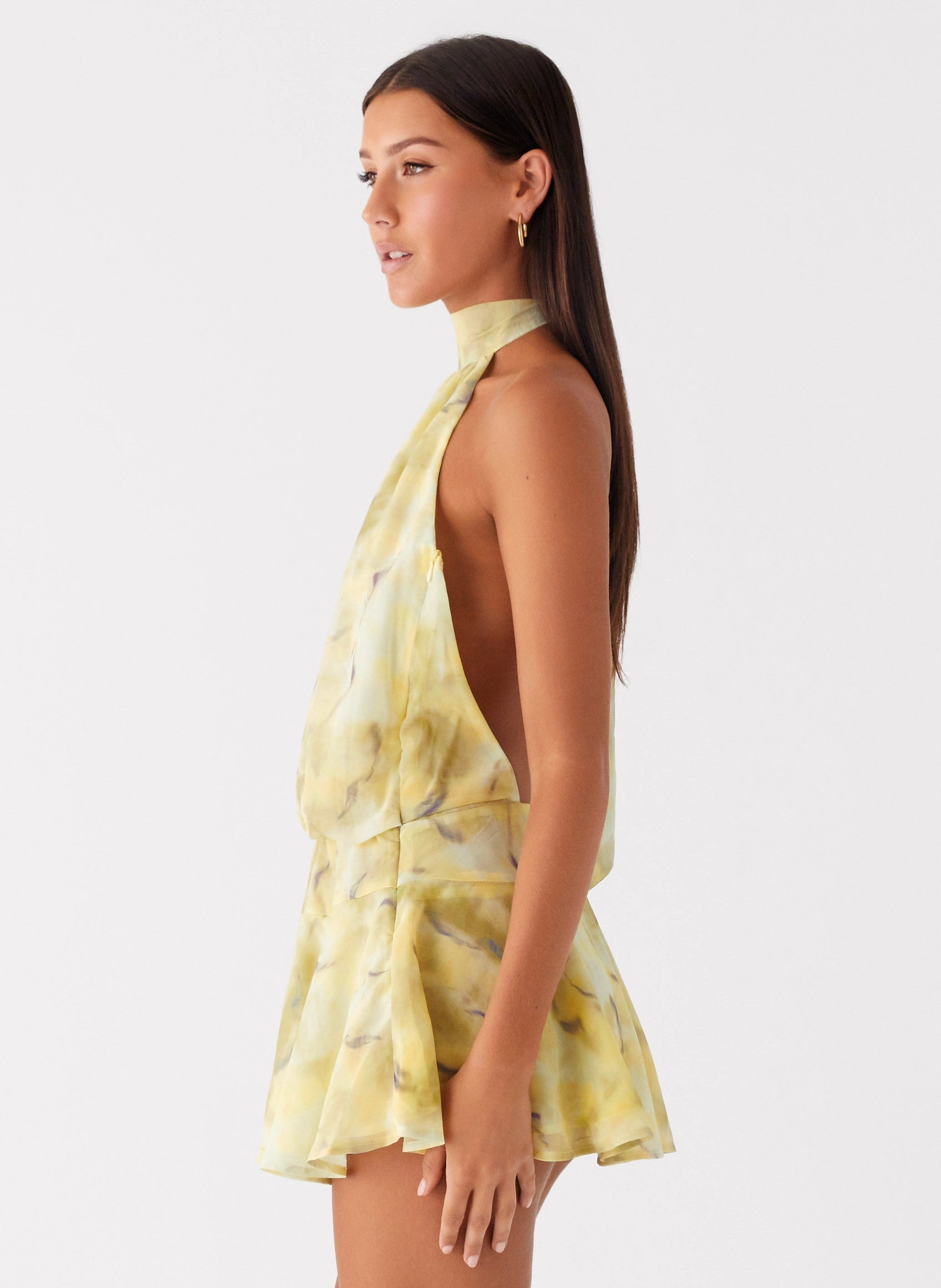 Refined Mood First Date Halter Mini Dress - Yellow Tie Dye