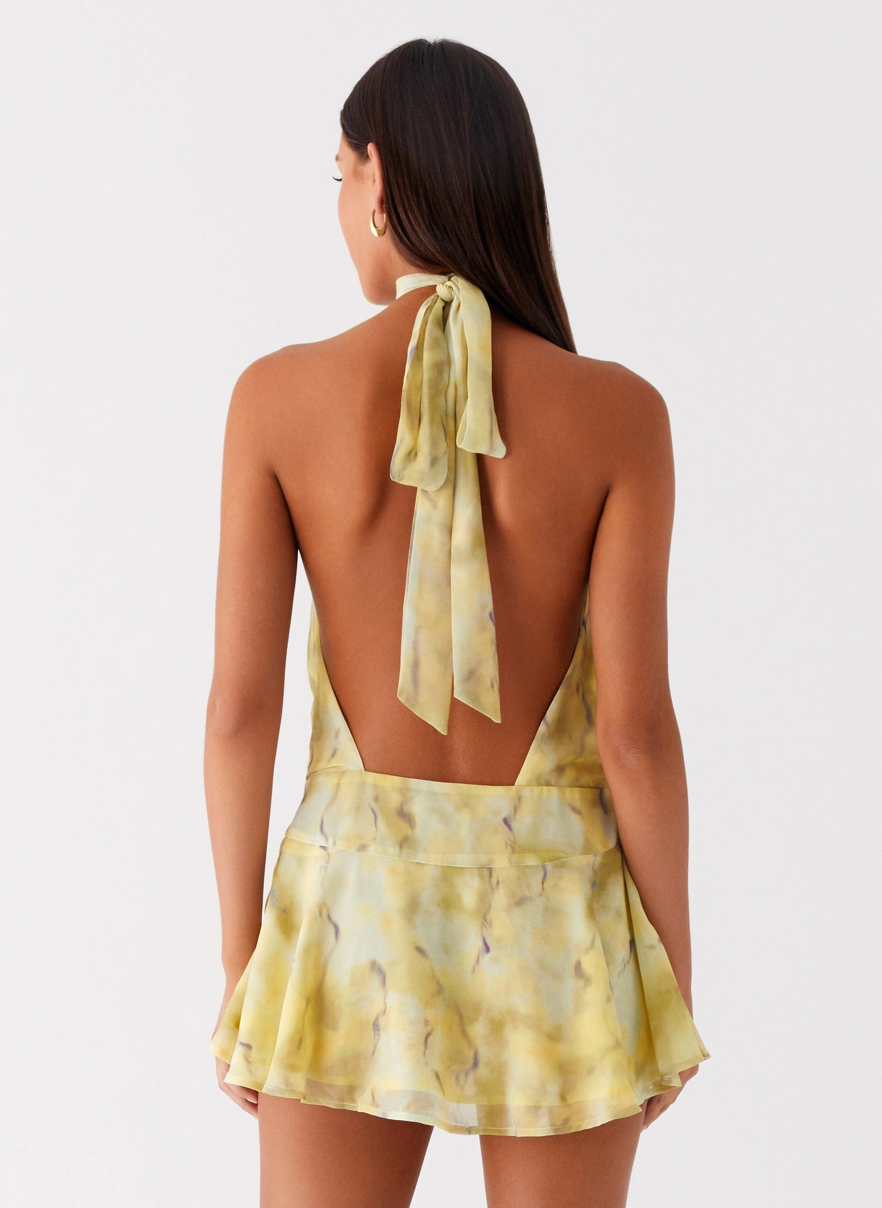 First Date Halter Mini Dress - Yellow Tie Dye Leg Elongating No Ride Up