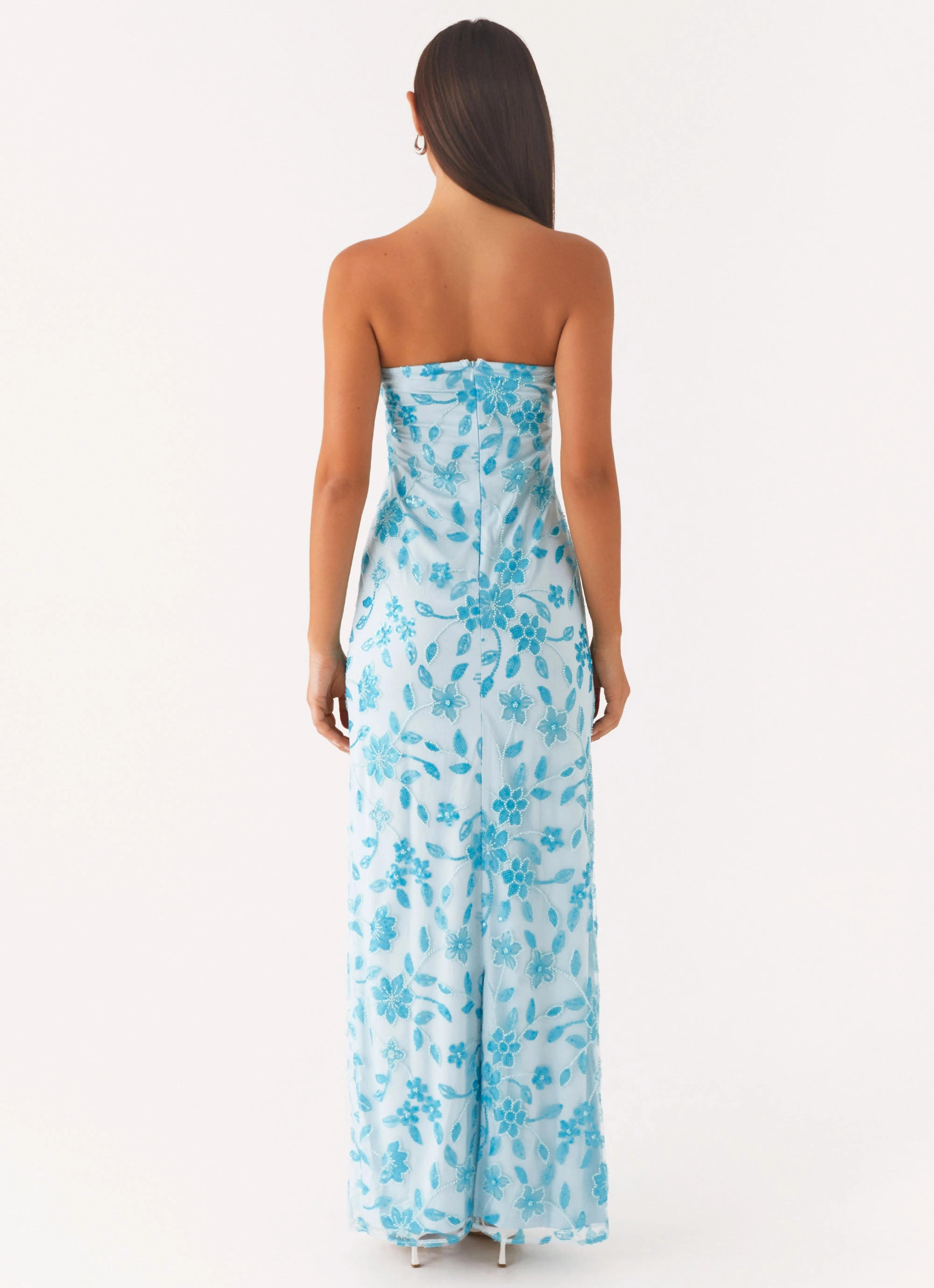 Lace-Sleeve Prism Beaded Maxi Dress - Blue