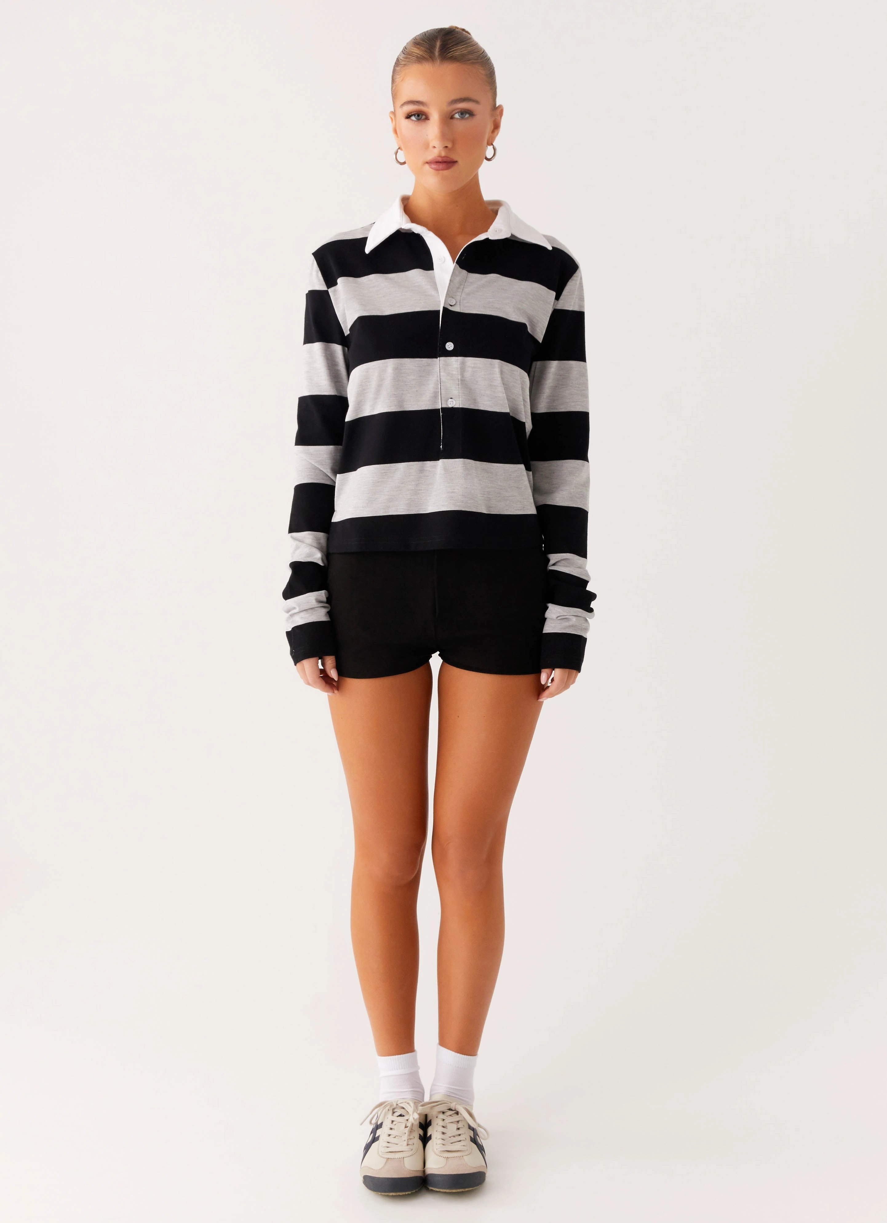 Beckett Polo Top - Grey Black Stripe Recycled Polyester Blend Easy Care Material