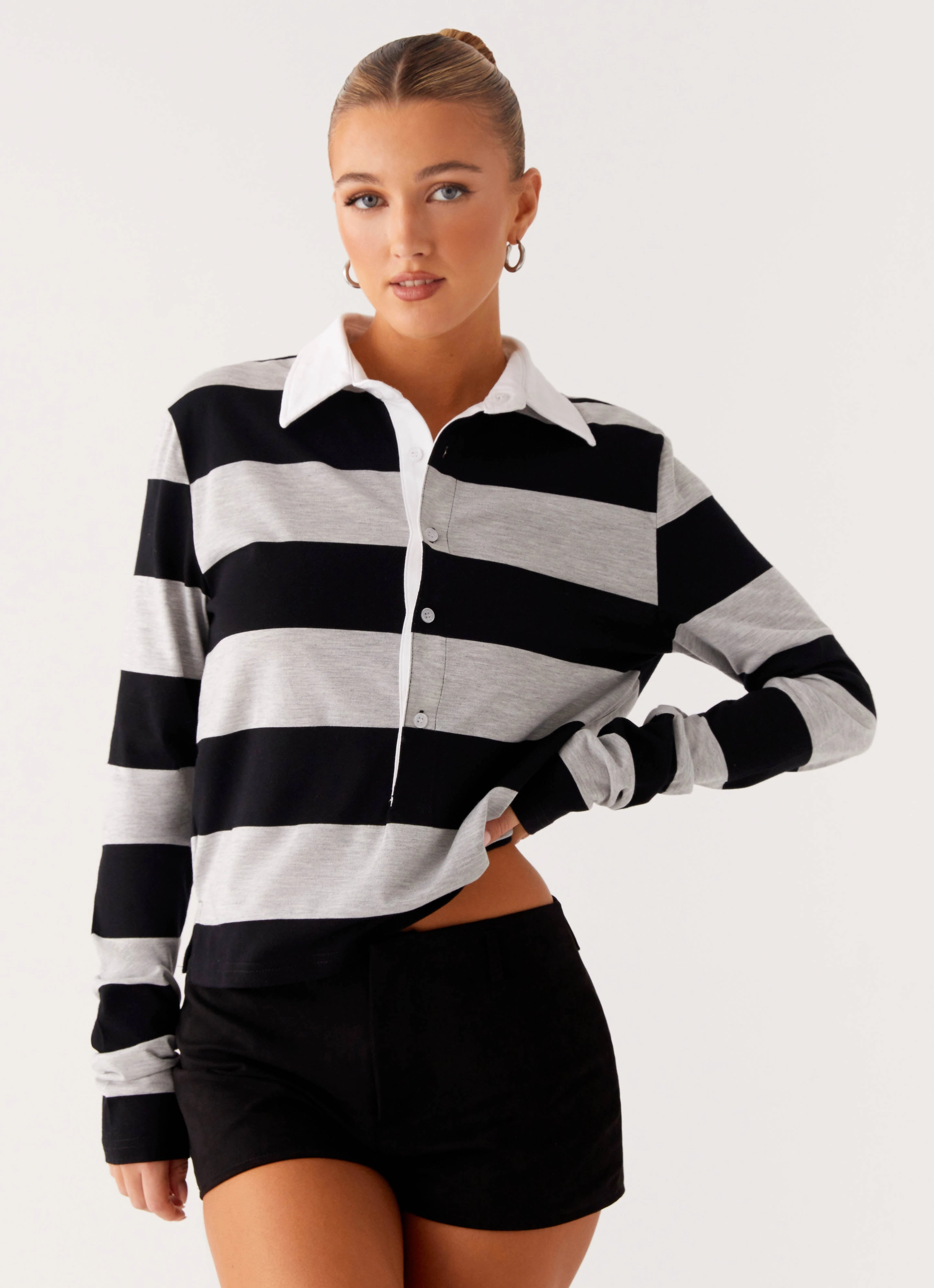 Beckett Polo Top - Grey Black Stripe SeamlessKnitConstruction