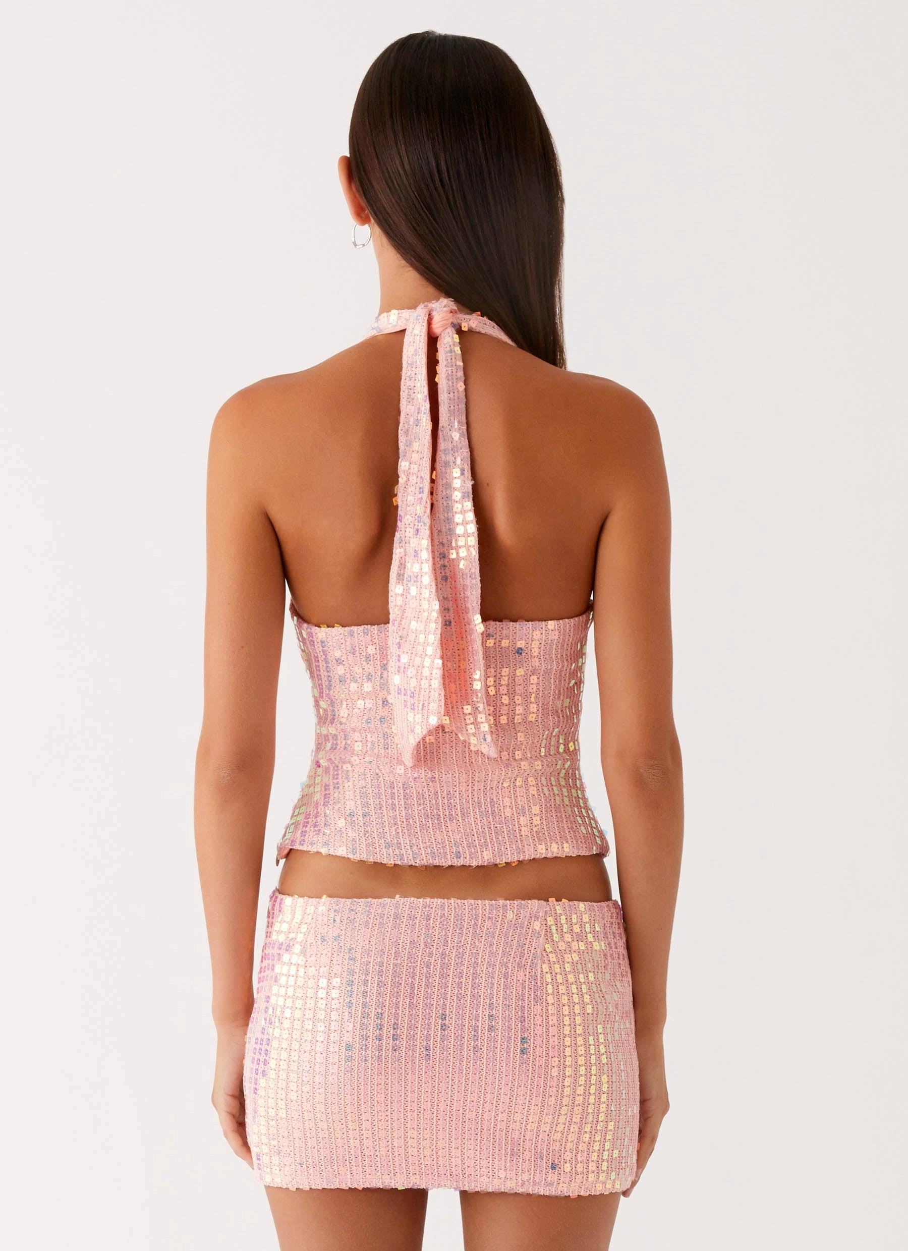 Been That Girl Halter Knit Sequin Top - Iridescent Pink ConvertibleCollar